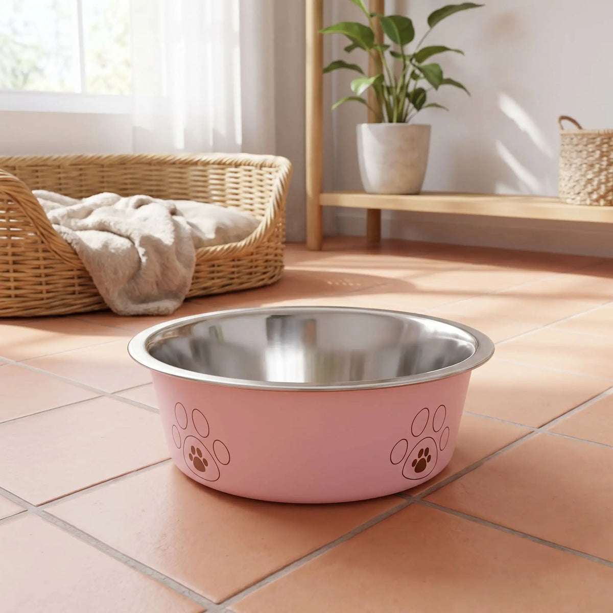 Gamelle-pour-chien-inox-3-tailles robuste et indéformable pour chien et chiot design hygiénique, lavable en lave-vaisselle avec son fond antidérapant en silicone pour une stabilité à toute épreuve, anti renversement, anti éclaboussures, design noir avec des patte de chien, en rose, bleu ou jaune disponible en 3 tailles 250/500/850 ml pour race de chiot ou chien de petite à moyenne taille-gros plan sur la gamelle rose hygiénique pour chiot et chien avec fond antidérapant sur le sol en carrelage de la cuisine