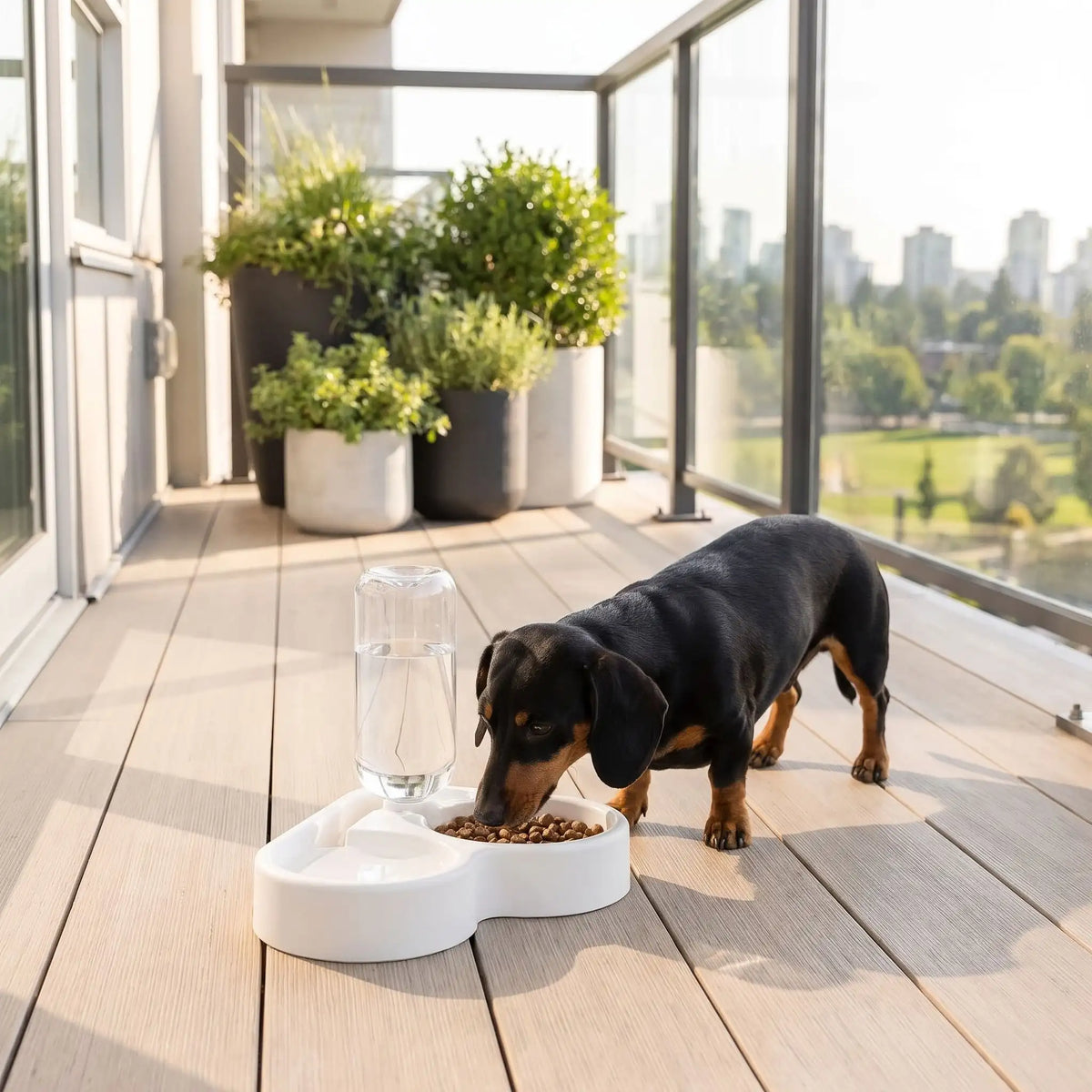 Gamelle-pour-petit-chien et chiot avec double avec séparateur alimentation et eau, distributeur d'eau de 500 ml automatique et gamelle hygiénique en forme design de couleur blanche et réservoir d'eau transparent , matériaux sûr en PP de qualité alimentaire, robuste et sans BPA, lavable et antidérapant, démontable- un teckel nain qui mange confortablement dans sa gamelle double du côté croquettes et sa gamelle d'eau avec son distributeur d'eau automatique transparent avec niveau visible sur le balcon 