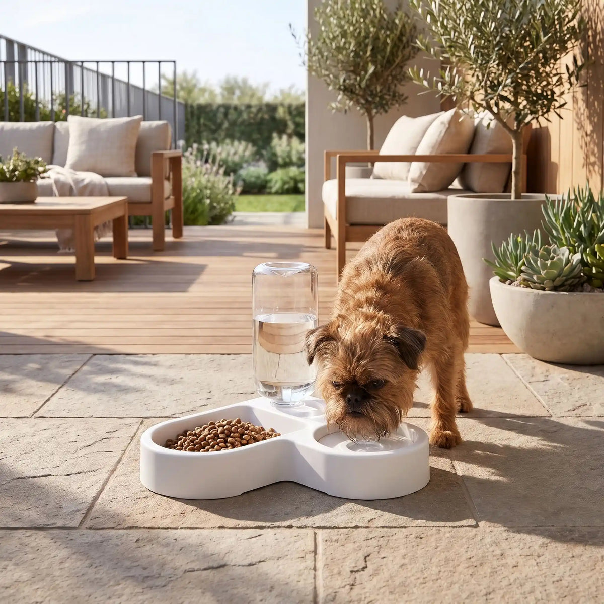 Gamelle-pour-petit-chien et chiot avec double avec séparateur alimentation et eau, distributeur d'eau de 500 ml automatique et gamelle hygiénique en forme design de couleur blanche et réservoir d'eau transparent , matériaux sûr en PP de qualité alimentaire, robuste et sans BPA, lavable et antidérapant, démontable- un Griffon Bruxellois qui boit confortablement dans la gamelle double du côté de la gamelle d'eau avec son distributeur d'eau automatique transparent avec niveau visible sur la terrasse