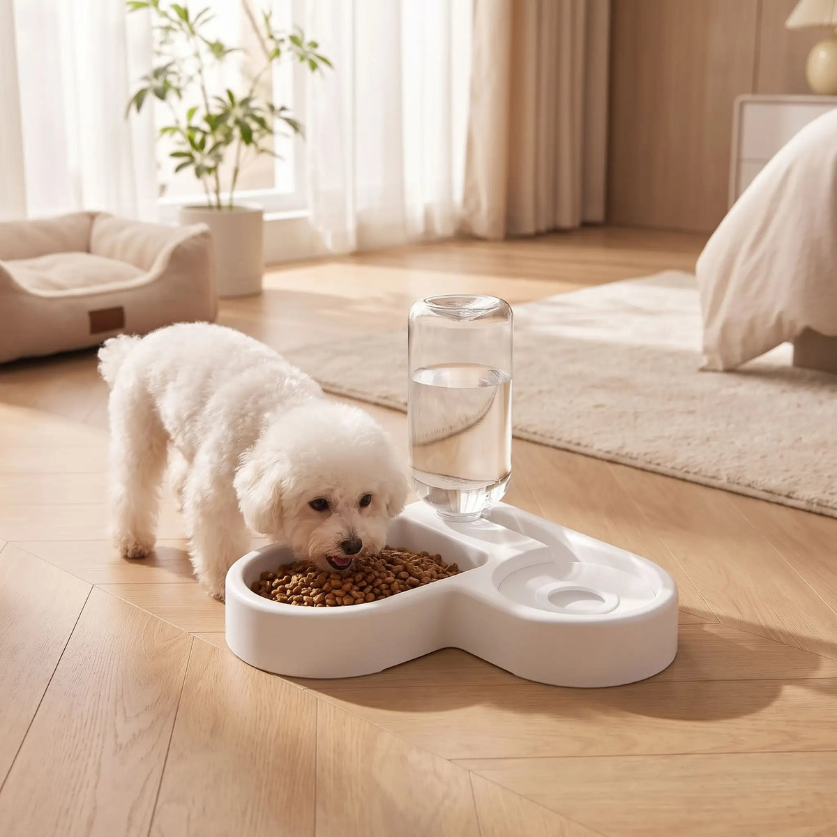 Gamelle-pour-petit-chien et chiot avec double avec séparateur alimentation et eau, distributeur d'eau de 500 ml automatique et gamelle hygiénique en forme design de couleur blanche et réservoir d'eau transparent , matériaux sûr en PP de qualité alimentaire, robuste et sans BPA, lavable et antidérapant, démontable- un bichon maltais qui mange confortablement dans sa gamelle double du côté croquettes et sa gamelle d'eau avec son distributeur d'eau automatique transparent avec niveau visible dans le salon