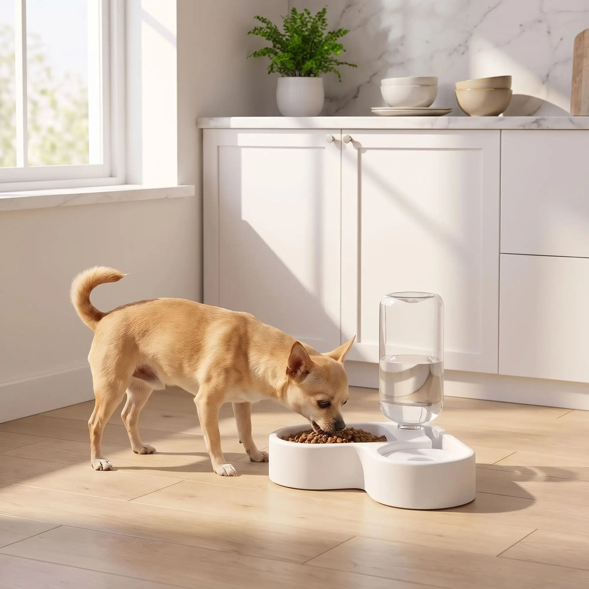 Gamelle-pour-petit-chien et chiot avec double avec séparateur alimentation et eau, distributeur d'eau de 500 ml automatique et gamelle hygiénique en forme design de couleur blanche et réservoir d'eau transparent , matériaux sûr en PP de qualité alimentaire, robuste et sans BPA, lavable et antidérapant, démontable- un chihuahua qui mange confortablement dans sa gamelle double du côté croquettes et sa gamelle d'eau avec son distributeur d'eau automatique transparent avec niveau visible dans la cuisine