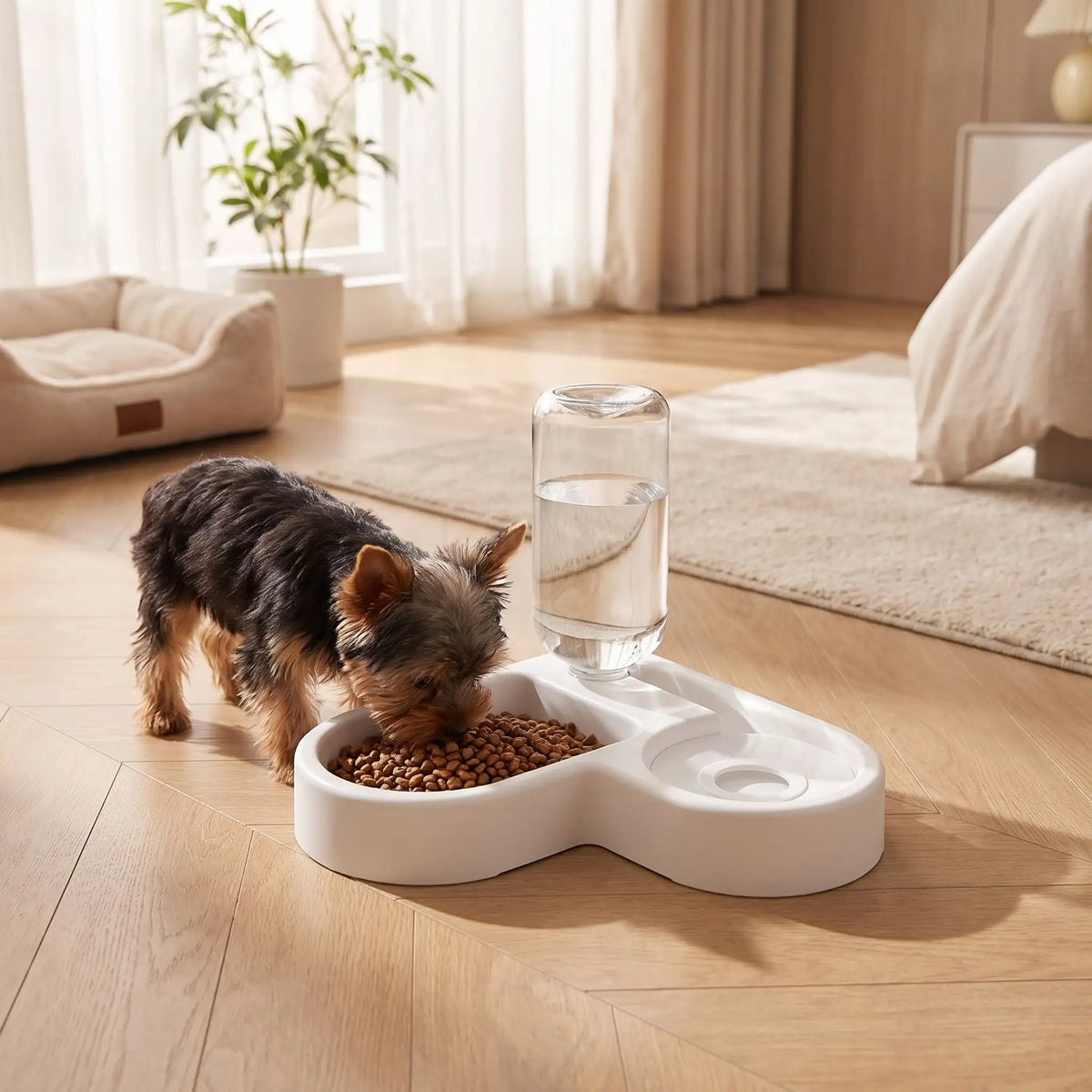 Gamelle-pour-petit-chien et chiot avec double avec séparateur alimentation et eau, distributeur d'eau de 500 ml automatique et gamelle hygiénique en forme design de couleur blanche et réservoir d'eau transparent , matériaux sûr en PP de qualité alimentaire, robuste et sans BPA, lavable et antidérapant, démontable- un Yorkshire toy qui mange confortablement dans sa gamelle double du côté croquettes et sa gamelle d'eau avec son distributeur d'eau automatique transparent avec niveau visible dans le salon