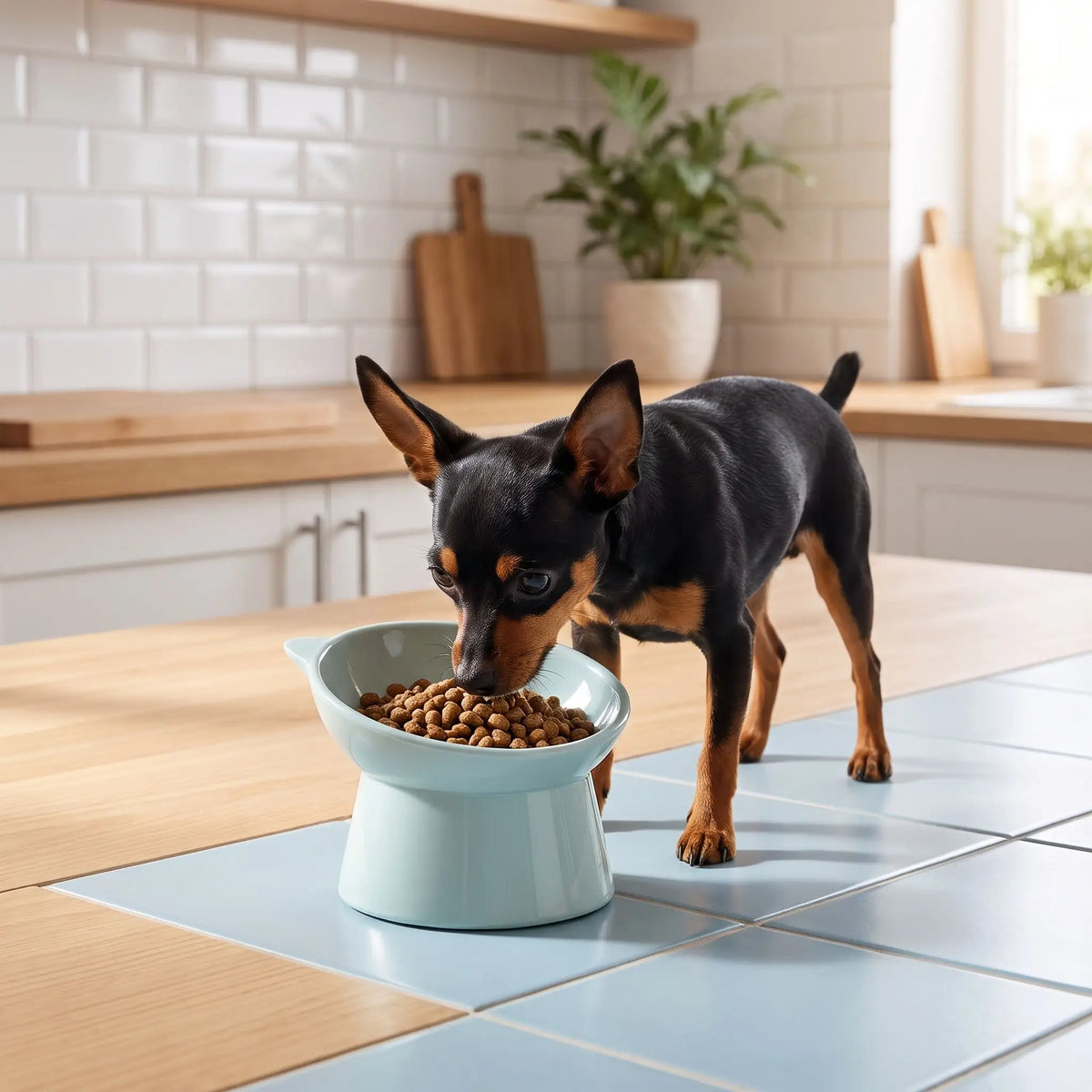 Gamelle-pour-petit-chien-haute-inclinée à 45° pour protéger son cou, vendues par lot-de-2, sur une base large est stable, contenance de 200g/200ml pour chien de petite race et chiot de petite à moyenne race de 3 à 8 kg, gamelle surélevée séparée en ABS sûr de qualité alimentaire sans BPA, ni produits toxiques, avec design oreille, solide et incassable, lavable au lave- vaisselle-un Pinscher nain quii mange dans sa gamelle haute bleue remplie croquette 