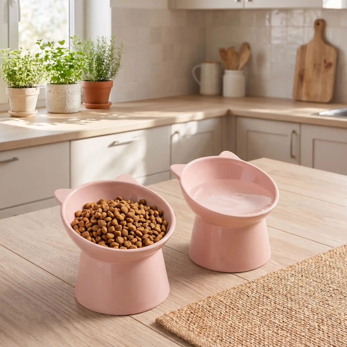 Gamelle-pour-petit-chien-haute-inclinée à 45° pour protéger son cou, vendues par lot-de-2, sur une base large est stable, contenance de 200g/200ml pour chien de petite race et chiot de petite à moyenne race de 3 à 8 kg, gamelle surélevée séparée en ABS sûr de qualité alimentaire sans BPA, ni produits toxiques, avec design oreille, solide et incassable, lavable au lave- vaisselle-gros plan sur le lot de 2 gamelles haute sur pied de couleur rose, une remplie de croquette et l'autre remplie d'eau fraiche