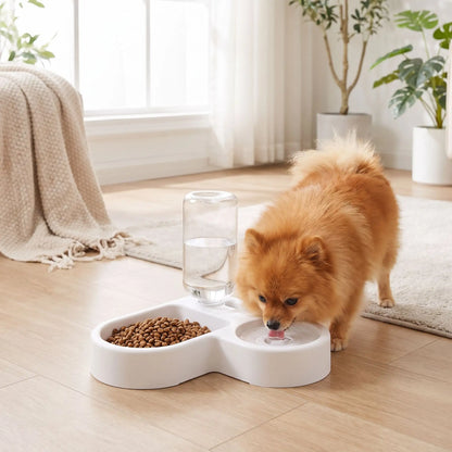 Gamelle-pour-petit-chien et chiot avec double avec séparateur alimentation et eau, distributeur d'eau de 500 ml automatique et gamelle hygiénique en forme design de couleur blanche et réservoir d'eau transparent , matériaux sûr en PP de qualité alimentaire, robuste et sans BPA, lavable et antidérapant, démontable- un Loulou de poméranie qui boit confortablement dans la gamelle double du côté de la gamelle d'eau avec son distributeur d'eau automatique transparent avec niveau visible dans le salon