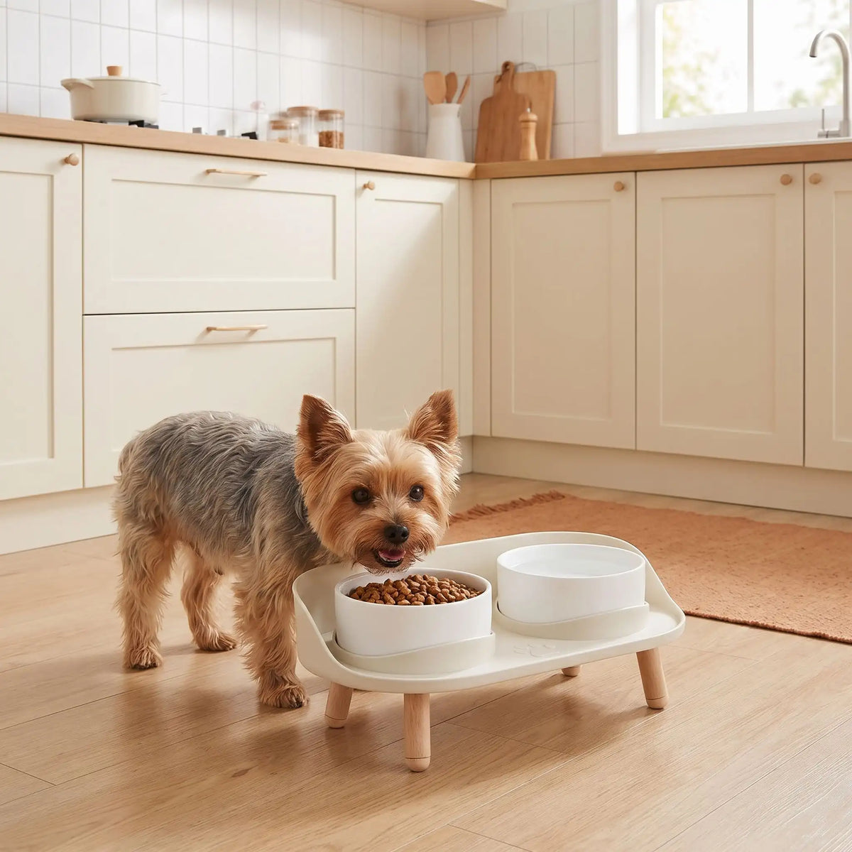 Gamelles-surélevées-pour-chien-ajustable-lavable, avec support large et socle anti-renversement pour les deux gamelles en fibres de bambou de 550 ml chacune lavable en lave vaiseelle, support surélevé sur 4 pieds en ABS durable et solides pour chiot et chien de petite taille et race toy-un Yorkshire qui mange confortablement dans sa gamelle clipsée dans son support blanc antireversement  avec sa gamelle d'eau de couleur blanche avec ses 4 pieds imitation bois antidérapant sur le sol en parquet