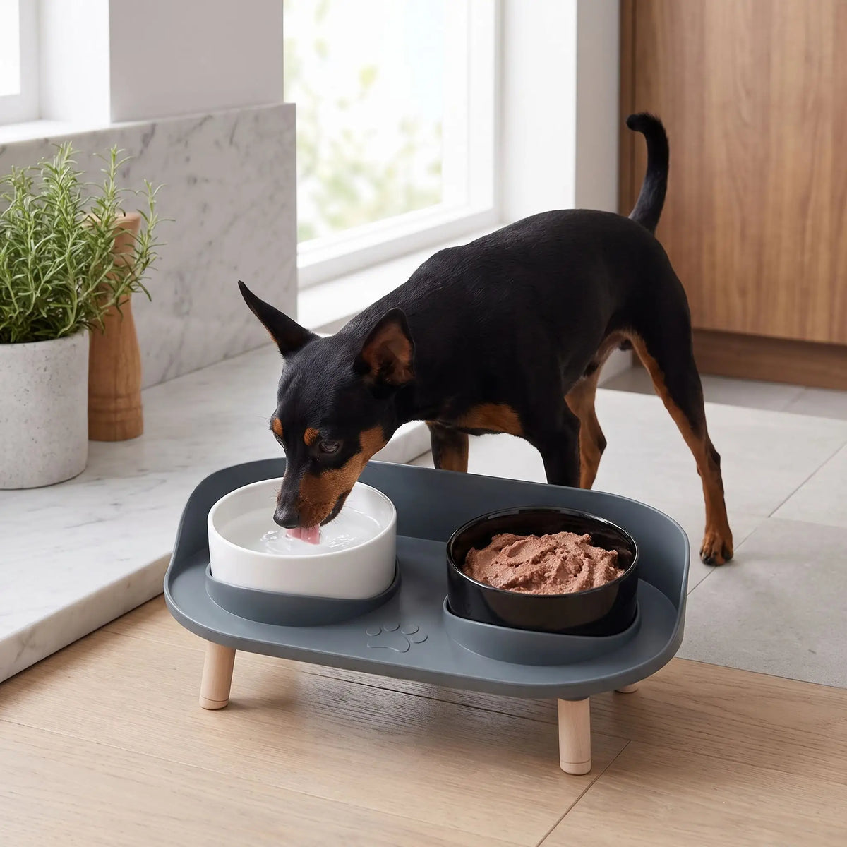 Gamelles-surélevées-pour-chien-ajustable-lavable, avec support large et socle anti-renversement pour les deux gamelles en fibres de bambou de 550 ml chacune lavable en lave vaiseelle, support surélevé sur 4 pieds en ABS durable et solides pour chiot et chien de petite taille et race toy-un Pinscher nain qui boit confortablement dans sa gamelle d'eau clipsée dans son support antireversement et sa surface qui permet de garder les sol propre de couleur vert foncé design avec ses 4 pieds imitation bois 