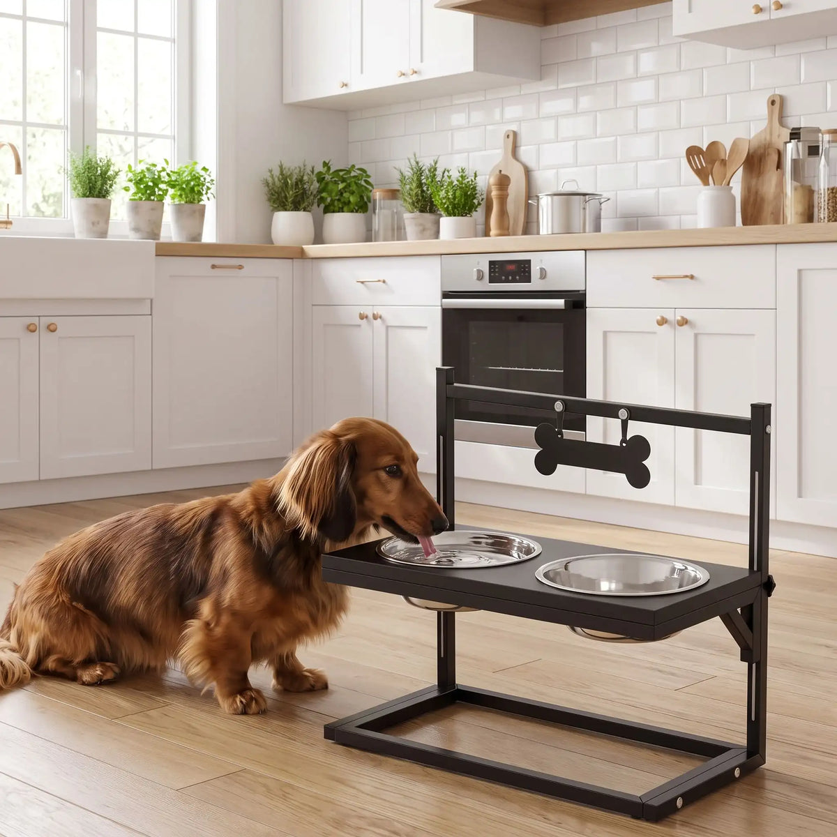 Gamelles-surélevées-pour-chien-chiot-design en acier noir robuste et épurés avec 2 gamelles inox encastrable dans le support réglable sur 3 hauteurs pour chiot et chien de taille moyenne taille de 25 cm à 60 cm au garrot, idéal pour suivre la croissance des chiots, Gamelle d'une capacité de 900 ml chacune compatible au lave-vaisselle,  soulage l'arthrose et les douleurs,traite le mégaœsophage,réduit les régurgitations-un chien qui boit dans sa gamelle d'eau surélevée sur le support sur la 2ème hauteur