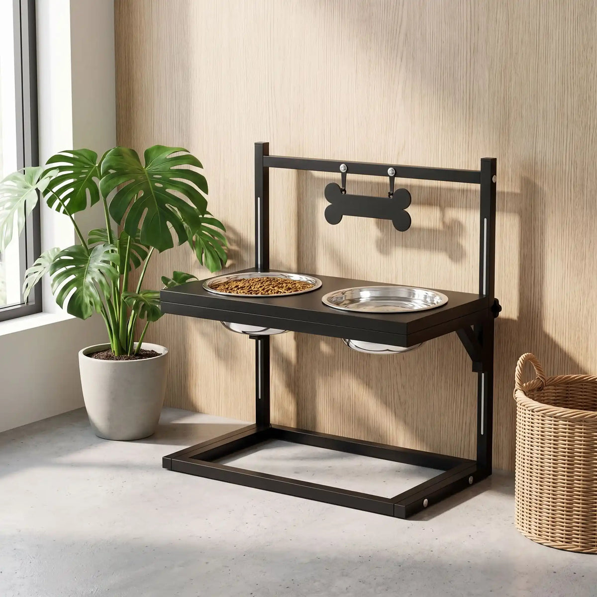 Gamelles-surélevées-pour-chien-chiot-design en acier noir robuste et épurés avec 2 gamelles inox encastrable dans le support réglable sur 3 hauteurs pour chiot et chien de taille moyenne taille de 25 cm à 60 cm au garrot, idéal pour suivre la croissance des chiots, Gamelle d'une capacité de 900 ml chacune compatible au lave-vaisselle,  soulage l'arthrose et les douleurs,traite le mégaœsophage,réduit les régurgitations-gros plan sur le support compact design avec ses deux gamelles inox dans la cuisine 