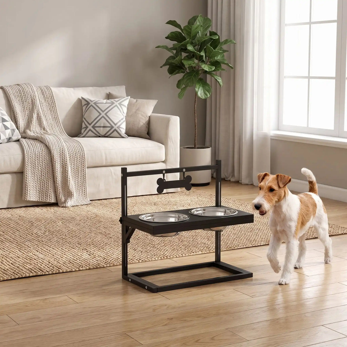 Gamelles-surélevées-pour-chien-chiot-design en acier noir robuste et épurés avec 2 gamelles inox encastrable dans le support réglable sur 3 hauteurs pour chiot et chien de taille moyenne taille de 25 cm à 60 cm au garrot, idéal pour suivre la croissance des chiots, Gamelle d'une capacité de 900 ml chacune compatible au lave-vaisselle,  soulage l'arthrose et les douleurs,traite le mégaœsophage,réduit les régurgitations-un petit chien devant ses gamelles surélevées avec support design régler à 22 cm du sol 