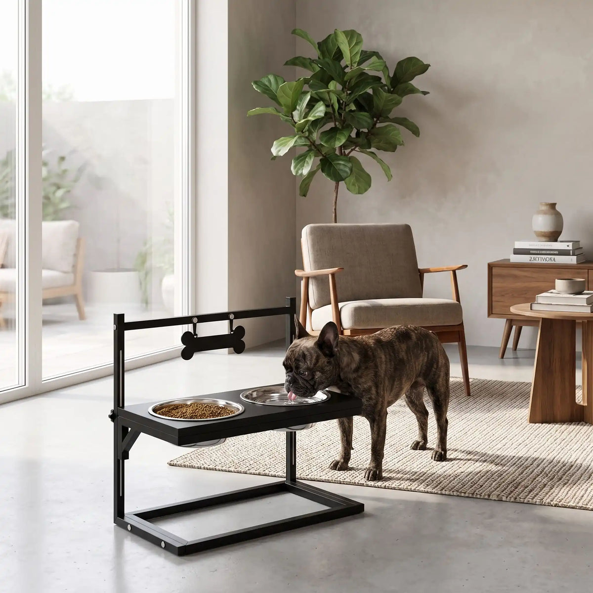 Gamelles-surélevées-pour-chien-chiot-design en acier noir robuste et épurés avec 2 gamelles inox encastrable dans le support réglable sur 3 hauteurs pour chiot et chien de taille moyenne taille de 25 cm à 60 cm au garrot, idéal pour suivre la croissance des chiots, Gamelle d'une capacité de 900 ml chacune compatible au lave-vaisselle,  soulage l'arthrose et les douleurs,traite le mégaœsophage,réduit les régurgitations-un chien moyen qui mange confortablement dans les gamelles surélevées avec support design 
