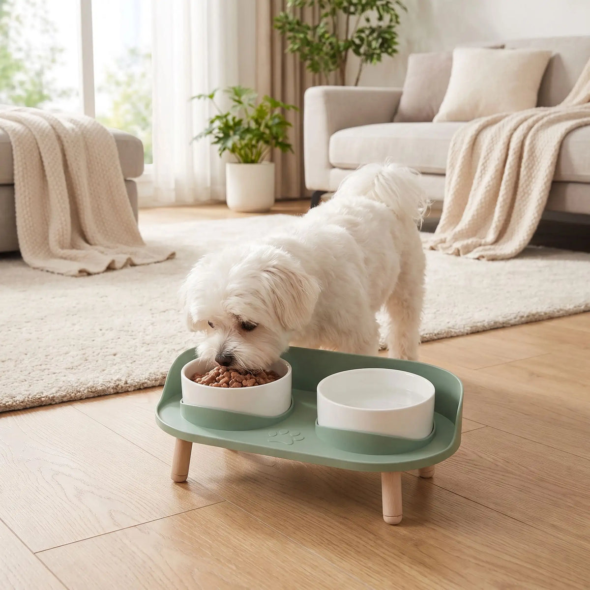 Gamelles-surélevées-pour-chien-ajustable-lavable, avec support large et socle anti-renversement pour les deux gamelles en fibres de bambou de 550 ml chacune lavable en lave vaiseelle, support surélevé sur 4 pieds en ABS durable et solides pour chiot et chien de petite taille et race toy-un Bichon maltais qui mange confortablement dans sa gamelle clipsée dans son support blanc antireversement  avec sa gamelle d'eau de couleur blanche avec ses 4 pieds imitation bois antidérapant sur le sol en parquet