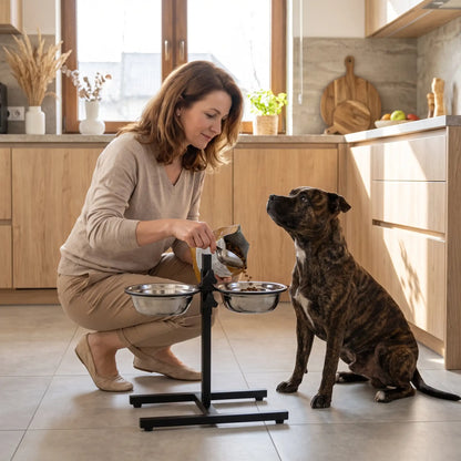Gamelles-surélevées-pour-chiens-chiots-support en fer réglable en hauteur grâce à sa molette facile et ses 2 gamelles inoxydables lavable en lave-vaisselle avec ses 4 pieds et ses deux arceaux pour mettre les gamelles et assurent zéro bruit et zéro glissement pour chiot et chien de petite à grande taille de 40 à 65 cm au garrot-une maitresse qui remplit la gamelle, de son chien de race moyenne qui attend sagement;  dans l'une des gamelle inox du support en fer noir dans la cuisine de l'appartement