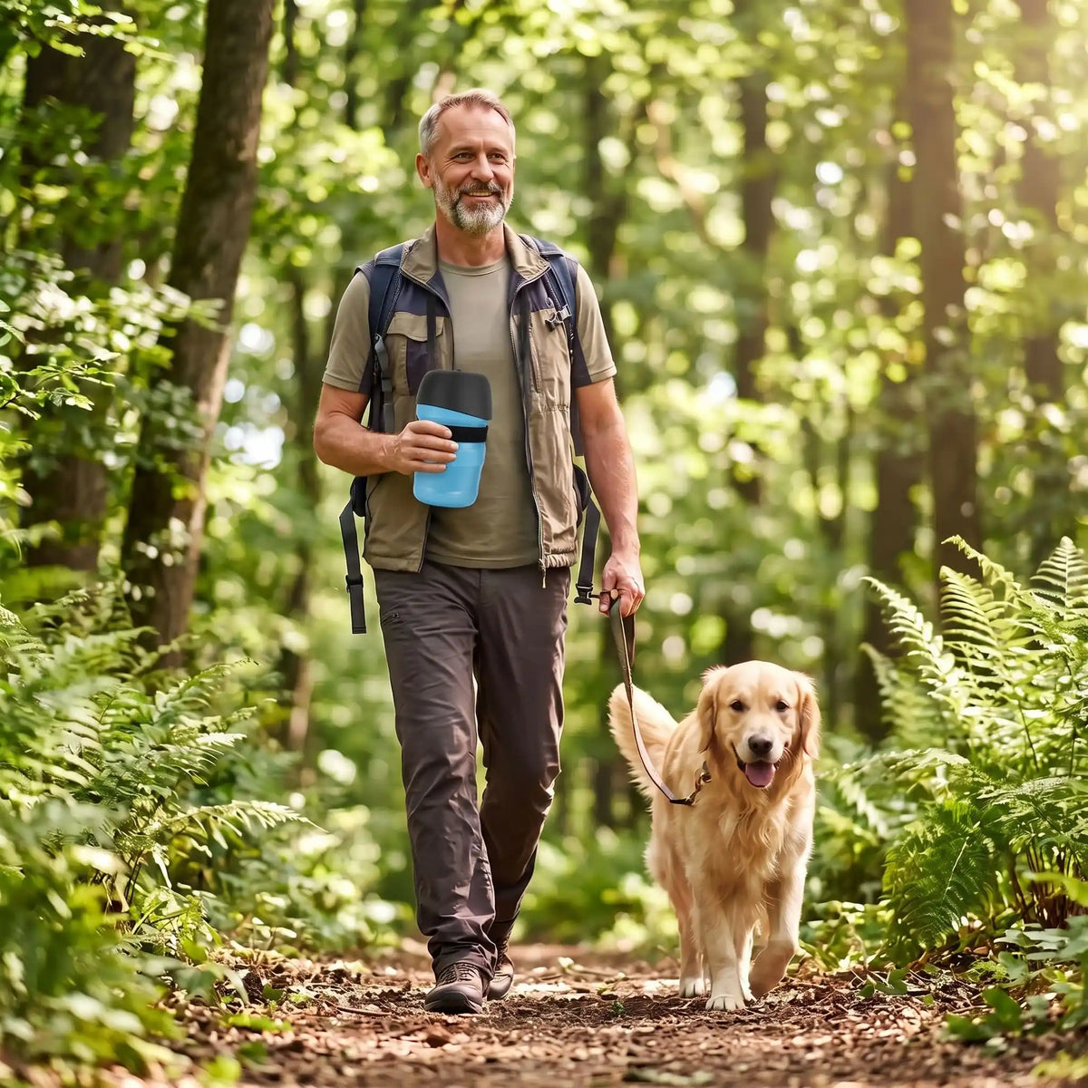 Gourde-pour-chien- et chiot bouteille-d-eau-500-ml sans BPA , ABS de qualité alimentaire avec bol intégré en silicone repliable, compact, valve de sécurité anti fuite, et sa sangle de transport-un maitre qui se balade en forêt avec son chien, la laisse dans une main et la gourge attaché à son poignet par la sangle et tenue dans sa main 
