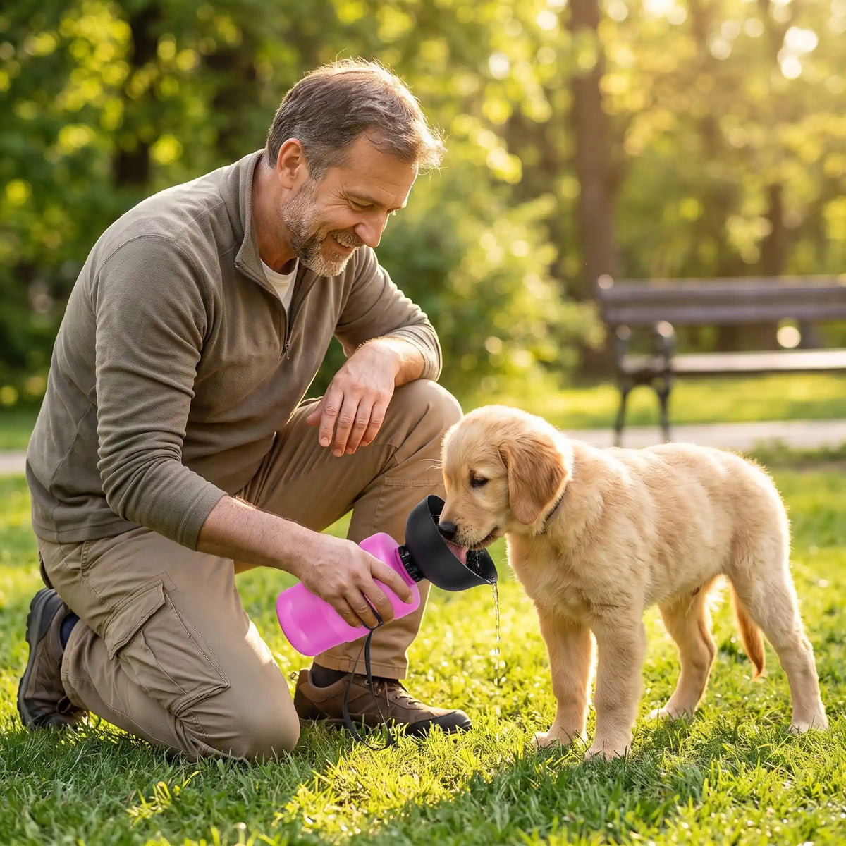 Gourde-pour-chien- et chiot bouteille-d-eau-500-ml sans BPA , ABS de qualité alimentaire avec bol intégré en silicone repliable, compact, valve de sécurité anti fuite, et sa sangle de transport-un maitre qui fait boire son chiot conofrtablement en pressant sur la gourde pour faire sortir l'eau dans le bol en silicone ou son chiot se désaltère dans le parc en été