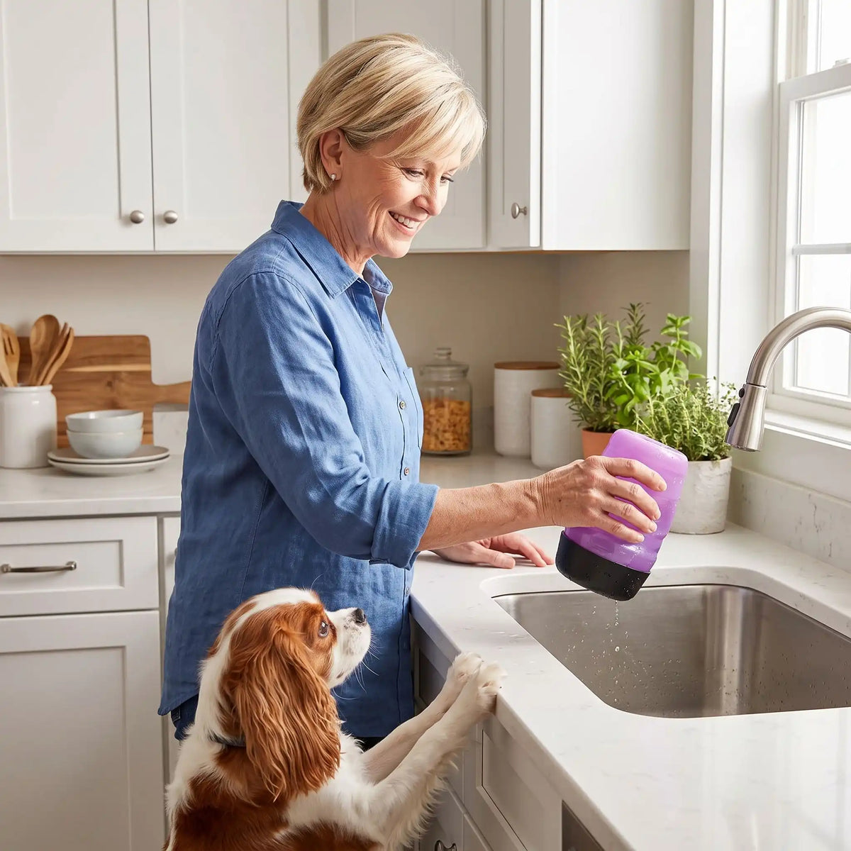 Gourde-pour-chien- et chiot bouteille-d-eau-500-ml sans BPA , ABS de qualité alimentaire avec bol intégré en silicone repliable, compact, valve de sécurité anti fuite, et sa sangle de transport-une maitresse qui a remplit la gourde dans l'évier de la cuisine où son chien montre en posant ses pattes sur l'évier son excitation pour partir en balade sous le regard souriant de sa maitresse