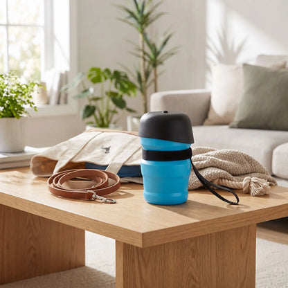 Gourde-pour-chien- et chiot bouteille-d-eau-500-ml sans BPA , ABS de qualité alimentaire avec bol intégré en silicone repliable, compact, valve de sécurité anti fuite, et sa sangle de transport-gros plan sur la gourde compacte, légère et hygienique de couleur blanc vace sa sangle pour un transport facile sur la table basse du salon avec la laisse et le sac de sa maitresse