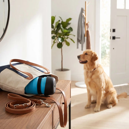 Gourde-pour-chien- et chiot bouteille-d-eau-500-ml sans BPA , ABS de qualité alimentaire avec bol intégré en silicone repliable, compact, valve de sécurité anti fuite, et sa sangle de transport-gros plan sur la gourde pour chien rangé dans un sac à main sr le meuble de l'entrée ou un grand chien attend ses maitres pour la promenade