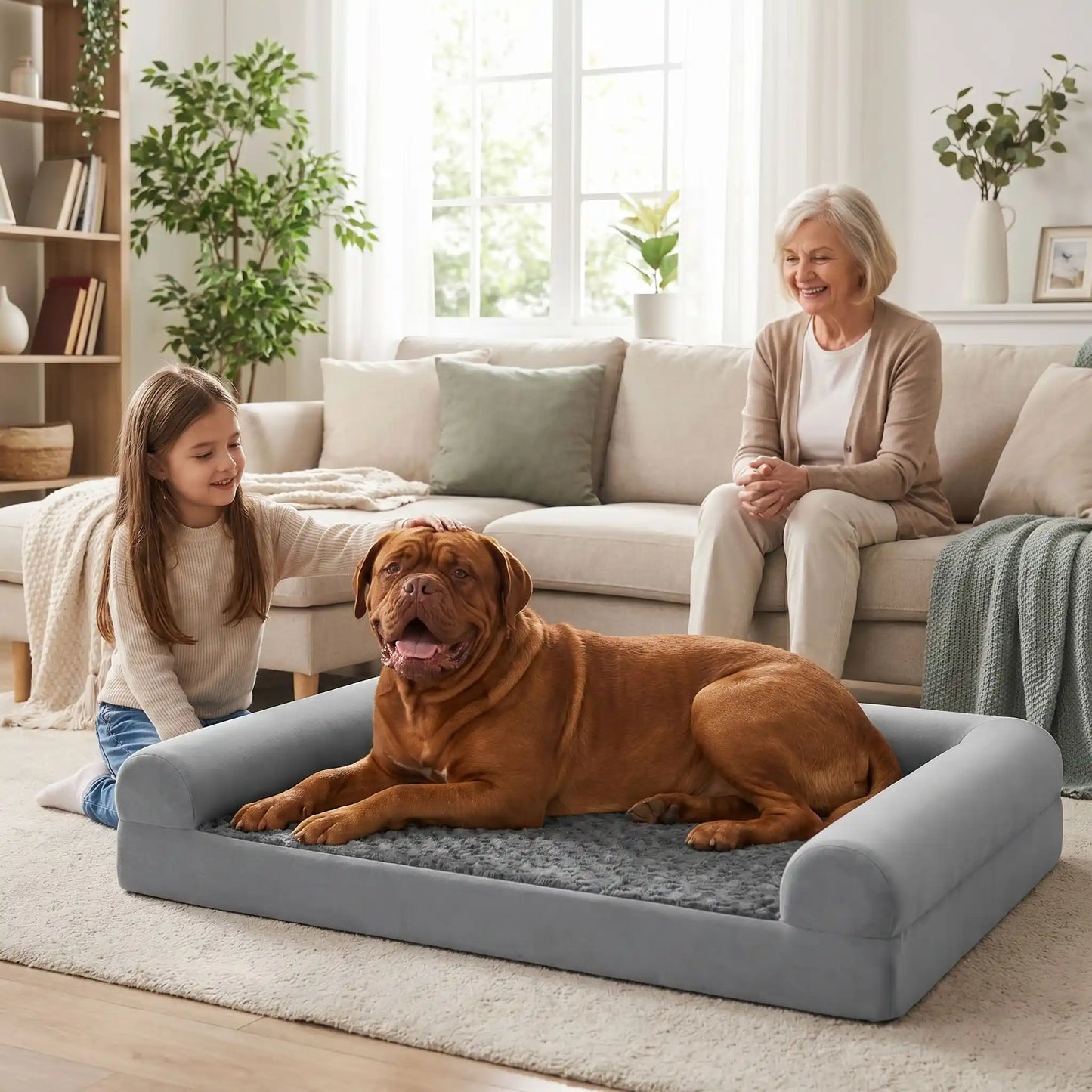 Grand-lit-chien-orthopédique-xxl avec traversin intégré,antidérapant-imperméable-déhoussable-lavable en machine-résistant aux griffes et morsures  pour grand chien et chiot jusqu'à 68 kg max-en velours côtelé et 100% Coton PP et deux traversins cylindriques rembourré en forme de L de couleur gris pour un effet apaisant et sécurisant-un chien de grande race couché confortablement sur son lit orthopédique avec rebord surélevé en U comme un canapé caressé par une petite fille avec sa grand mère souriante 