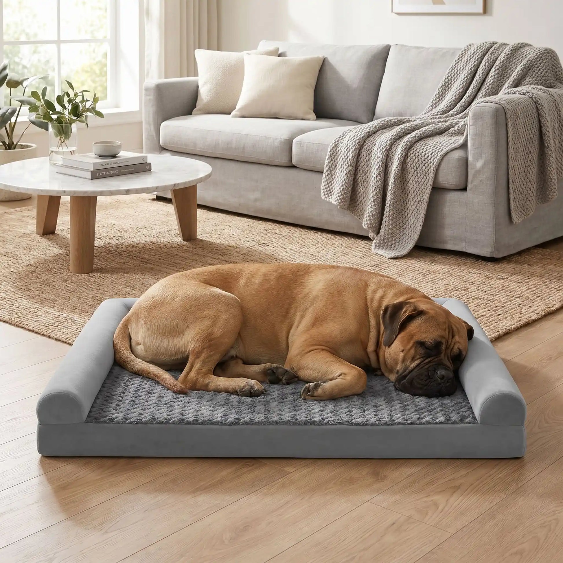 Grand-lit-chien-orthopédique-xxl avec traversin intégré,antidérapant-imperméable-déhoussable-lavable en machine-résistant aux griffes et morsures  pour grand chien et chiot jusqu'à 68 kg max-en velours côtelé et 100% Coton PP et deux traversins cylindriques rembourré en forme de L de couleur gris pour un effet apaisant et sécurisant-un chien de grande taille qui dort paisiblement sur le lit orthopédique avec rebord surélevé en U pour un effet anti-stress complètement déhoussable sans le salon de la maison