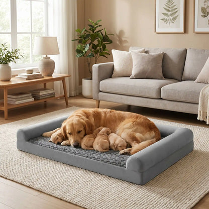 Grand-lit-chien-orthopédique-xxl avec traversin intégré,antidérapant-imperméable-déhoussable-lavable en machine-résistant aux griffes et morsures  pour grand chien et chiot jusqu'à 68 kg max-en velours côtelé et 100% Coton PP et deux traversins cylindriques rembourré en forme de L de couleur gris pour un effet apaisant et sécurisant-un chienne de grande race couché confortablement sur son lit orthopédique avec rebord surélevé en U comme un canapé avec tous ses chiots qui viennent téter dans le salon 
