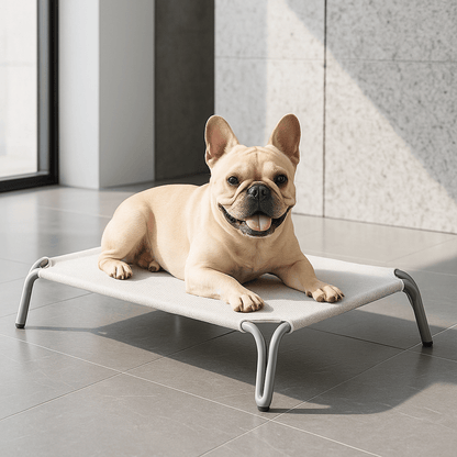 Hamac-pour-chien-imperméable-lit surélevé démontable-lavable-en teslin ultra-résistant aux griffes doux, ergonomique sur pied et cadre en acier inoxydable stable-isole du sol froid, des bactéries et poussière-hygiénique et durable-respirant et rafraichissant en été pour une utilisation polyvalente en intérieur ou extérieur pour toutes tailles de chiens jusqu'à 30 kg-un Bouledogue français couché confortablement sur son lit de camp dans le salon de l'appartement