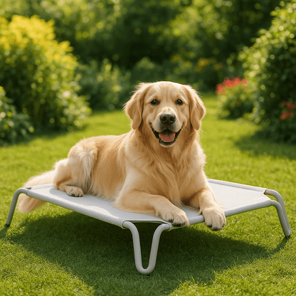 Hamac-pour-chien-imperméable-lit surélevé démontable-lavable-en teslin ultra-résistant aux griffes doux, ergonomique sur pied et cadre en acier inoxydable stable-isole du sol froid, des bactéries et poussière-hygiénique et durable-respirant et rafraichissant en été pour une utilisation polyvalente en intérieur ou extérieur pour toutes tailles de chiens jusqu'à 30 kg-un Golden retriever couché sur son lit surélevé dans le jardin de la maison en été