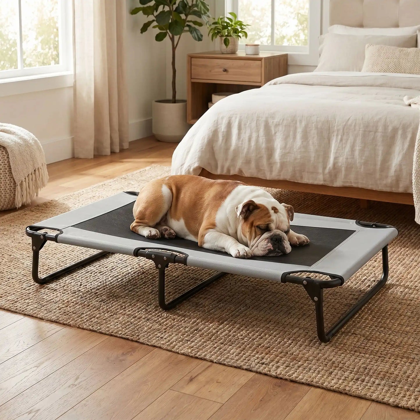 Hamac pour chien de 107 cm, en tissu oxford 100% imperméable et maille respirante et structure en acier robuste, polyvalent pour une utilisation interieur et exterieur, surélevé avec 3 barres transversales et patin anti rayure pour une stabilité pour chiot et chien de petite à moyenne taille jusqu'à 30 kilos-un Bouledogue qui dort couché au frais sur son lit surélevé gris foncé en tissu oxford 300D ultra-résistant et 100% imperméable avec structure et pied en métal dans la chambre de la maison en été