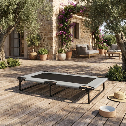 Hamac pour chien de 107 cm, en tissu oxford 100% imperméable et maille respirante et structure en acier robuste, polyvalent pour une utilisation interieur et exterieur, surélevé avec 3 barres transversales et patin anti rayure pour une stabilité pour chiot et chien de petite à moyenne taille jusqu'à 30 kilos-gros plan sur le lit de camp surélevé de 20 cm du sol, 100% imperméable, déhoussable et lavable pour chien de petite à moyenne taille, rosbuste, ergonomique,rafraichissant de couleur gris foncé