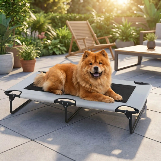 Hamac pour chien de 107 cm, en tissu oxford 100% imperméable et maille respirante et structure en acier robuste, polyvalent pour une utilisation interieur et exterieur, surélevé avec 3 barres transversales et patin anti rayure pour une stabilité pour chiot et chien de petite à moyenne taille jusqu'à 30 kilos-un chien moyen couché au frais sur son lit de camp gris foncé sur la terasse de la maison en été