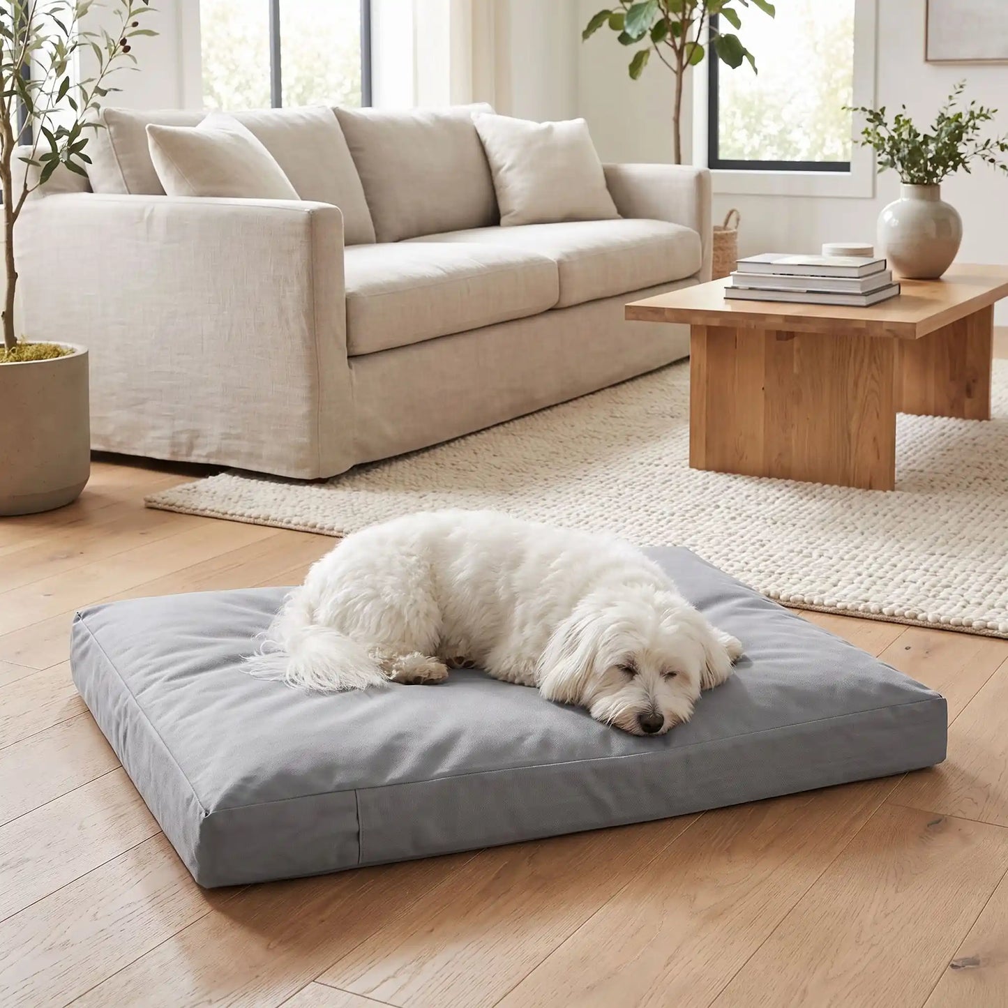 Housse-coussin-chien-chiot-100% imperméable-5-tailles S, M, L, XL et XXL-lavable en machine- anti-poils-antistatique-antibactérien-protection ultra-résistante en tissu Oxford 250 D résistant aux griffes et morsures de couleur gris-protection de couchage, coussin, lit, matelas, panier de forme rectangulaire-un chien de petite taille qui dort couché confortablement en boule sur la housse douce et hypoallergénique et hygiénique taille S qui protège son matelas sur le sol du salon de l'appartement
