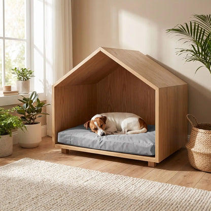 Housse-coussin-chien-chiot-100% imperméable-5-tailles S, M, L, XL et XXL-lavable en machine- anti-poils-antistatique-antibactérien-protection ultra-résistante en tissu Oxford 250 D résistant aux griffes et morsures de couleur gris-protection de couchage, coussin, lit, matelas, panier de forme rectangulaire-un chien de petite taille qui dort couché confortablement en boule sur la housse douce et hypoallergénique et hygiénique taille M qui protège son matelas dans sa niche design en bois dans le salon 