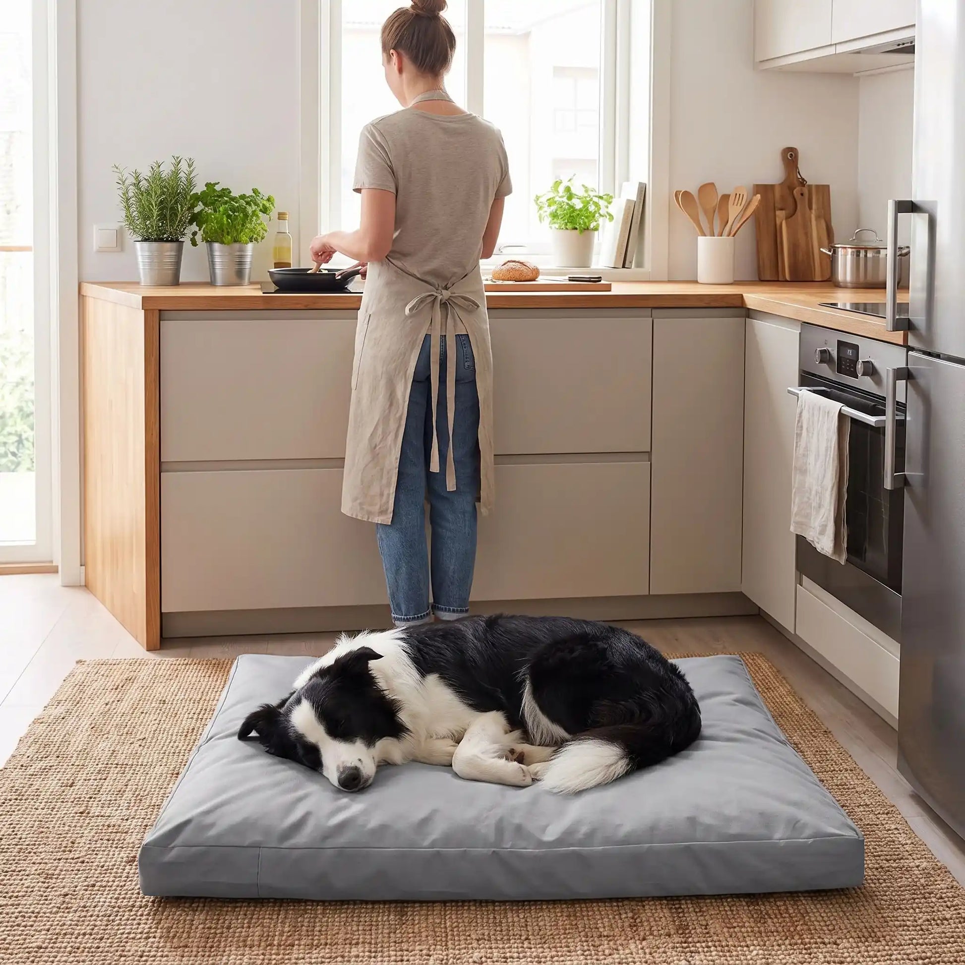 Housse-coussin-chien-chiot-100% imperméable-5-tailles S, M, L, XL et XXL-lavable en machine- anti-poils-antistatique-antibactérien-protection ultra-résistante en tissu Oxford 250 D résistant aux griffes et morsures de couleur gris-protection de couchage, coussin, lit, matelas, panier de forme rectangulaire-un chien de moyenne taille qui dort couché confortablement en boule sur la housse douce et hypoallergénique et hygiénique taille L qui protège son matelas sur le sol de la cuisine de la maison
