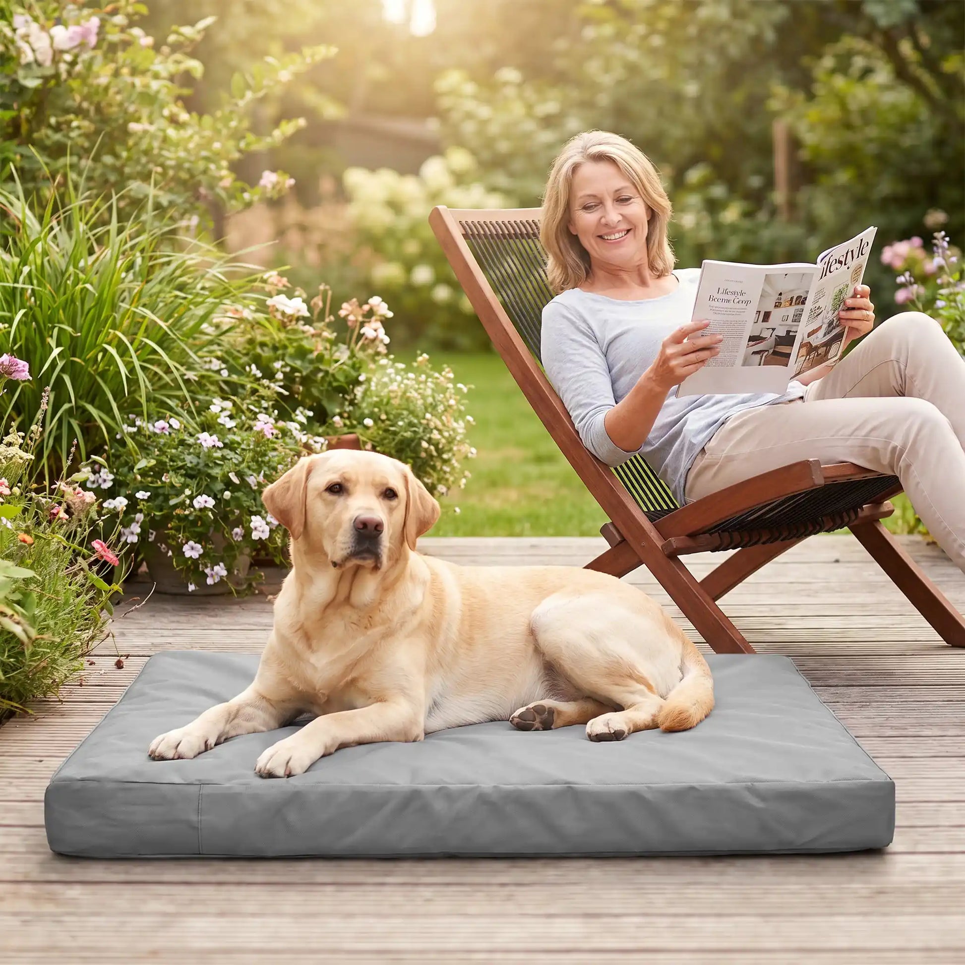 Housse-coussin-chien-chiot-100% imperméable-5-tailles S, M, L, XL et XXL-lavable en machine- anti-poils-antistatique-antibactérien-protection ultra-résistante en tissu Oxford 250 D résistant aux griffes et morsures de couleur gris-protection de couchage, coussin, lit, matelas, panier de forme rectangulaire-un chien de grande taille qui  couché confortablement en boule sur la housse douce et hypoallergénique et hygiénique taille XL qui protège son matelas sur le sol de la terrasse du jardin de la maison 