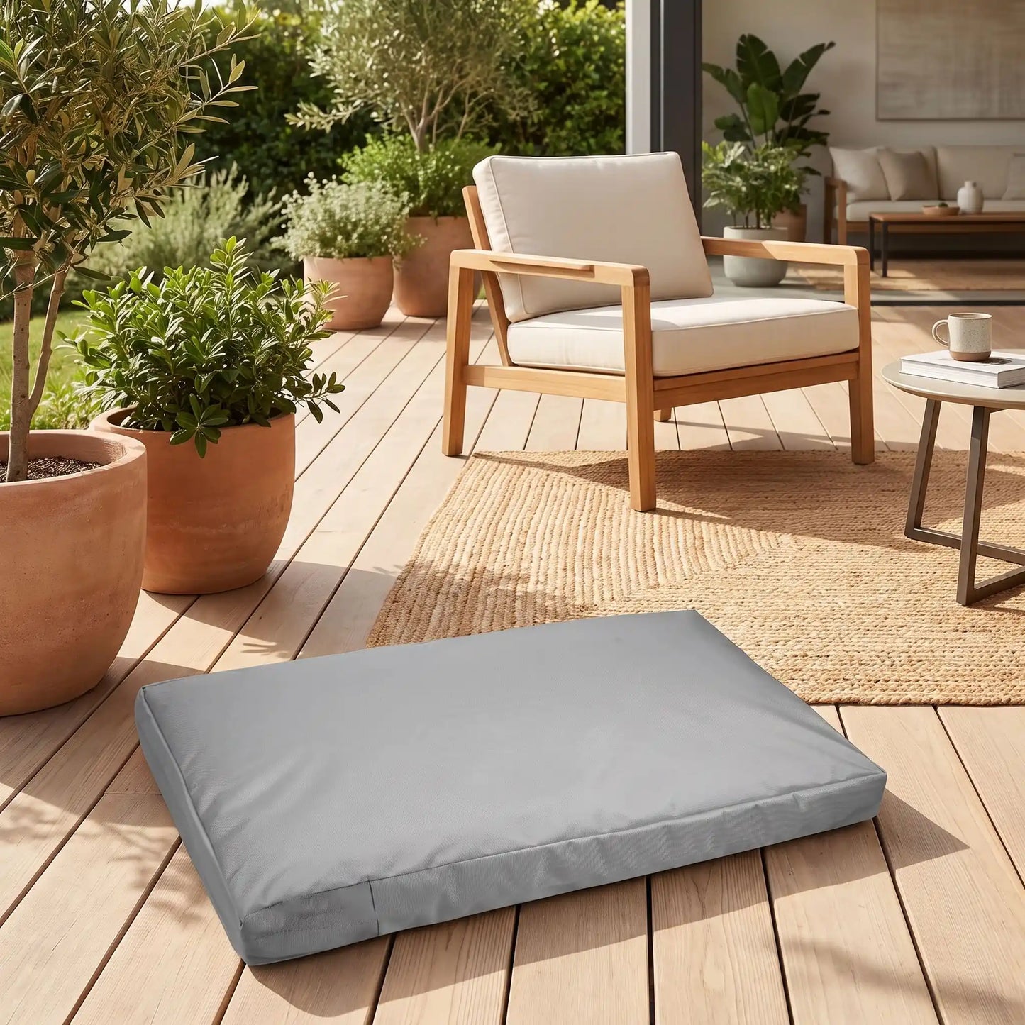 Housse-coussin-chien-chiot-100% imperméable-5-tailles S, M, L, XL et XXL-lavable en machine- anti-poils-antistatique-antibactérien-protection ultra-résistante en tissu Oxford 250 D résistant aux griffes et morsures de couleur gris-protection de couchage, coussin, lit, matelas, panier de forme rectangulaire-gros plan sur la housse douce et hypoallergénique et hygiénique taille S qui protège le lit du chien sur le sol du balcon de l'appartement