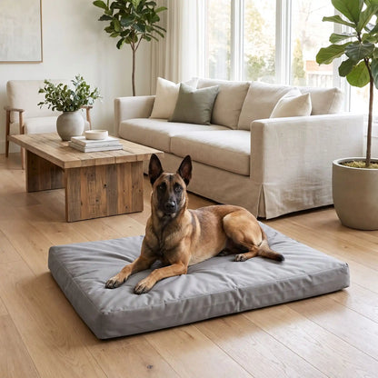 Housse-coussin-chien-chiot-100% imperméable-5-tailles S, M, L, XL et XXL-lavable en machine- anti-poils-antistatique-antibactérien-protection ultra-résistante en tissu Oxford 250 D résistant aux griffes et morsures de couleur gris-protection de couchage, coussin, lit, matelas, panier de forme rectangulaire-un chien de grande race  couché confortablement sur la housse douce et hypoallergénique et hygiénique taille XXL qui protège son matelas sur le sol du salon de la maison