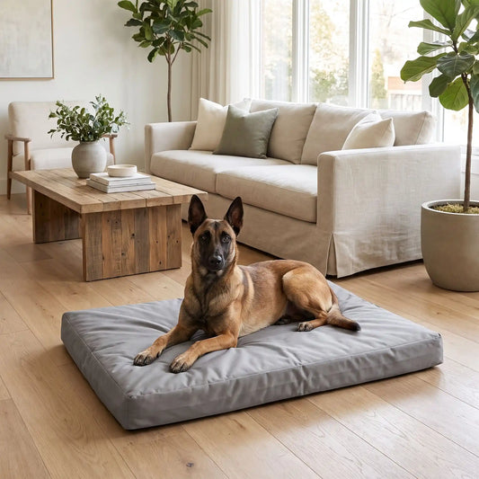 Housse-coussin-chien-chiot-100% imperméable-5-tailles S, M, L, XL et XXL-lavable en machine- anti-poils-antistatique-antibactérien-protection ultra-résistante en tissu Oxford 250 D résistant aux griffes et morsures de couleur gris-protection de couchage, coussin, lit, matelas, panier de forme rectangulaire-un chien de grande race  couché confortablement sur la housse douce et hypoallergénique et hygiénique taille XXL qui protège son matelas sur le sol du salon de la maison