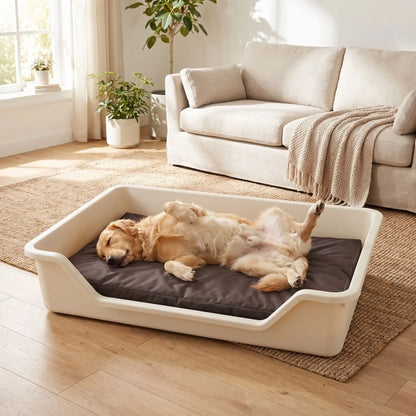Housse-coussin-chien-100% imperméable-5-tailles S, M, L, XL et XXL-lavable en machine- anti-poils-antistatique-antibactérien-protection ultra-résistante en tissu Oxford 250 D résistant aux griffes et morsures de couleur marron-protection de couchage, coussin, lit, matelas, panier de forme rectangulaire-un chien de grande race couché confortablement sur le dos et les pattes en l'air sur la housse douce et hypoallergénique et hygiénique xl qui protège son matelas dans son panier en plastique rctangulaire 