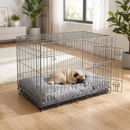 Housse-coussin-chien-chiot-100% imperméable-5-tailles S, M, L, XL et XXL-lavable en machine- anti-poils-antistatique-antibactérien-protection ultra-résistante en tissu Oxford 250 D résistant aux griffes et morsures de couleur gris-protection de couchage, coussin, lit, matelas, panier de forme rectangulaire-un chien de petite taille qui dort couché confortablement en boule sur la housse douce et hypoallergénique et hygiénique taille S qui protège son matelas dans sa cage de transport en acier