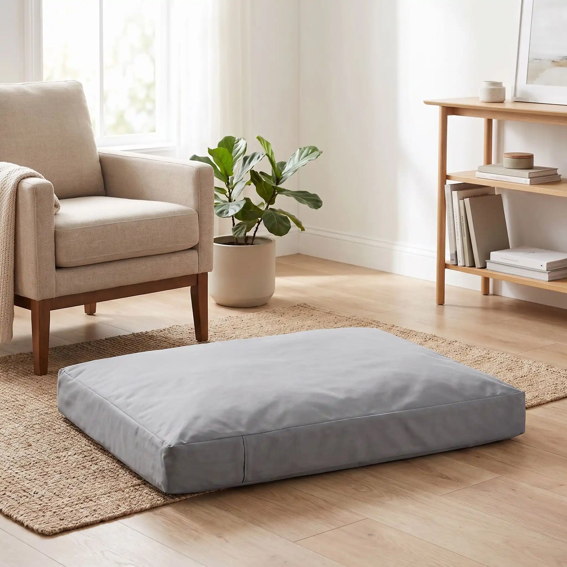 Housse-coussin-chien-chiot-100% imperméable-5-tailles S, M, L, XL et XXL-lavable en machine- anti-poils-antistatique-antibactérien-protection ultra-résistante en tissu Oxford 250 D résistant aux griffes et morsures de couleur gris-protection de couchage, coussin, lit, matelas, panier de forme rectangulaire-gros plan sur la housse douce et hypoallergénique et hygiénique taille S, M, L, XL et XXL qui protège la literie du chien en intérieur et extérieur