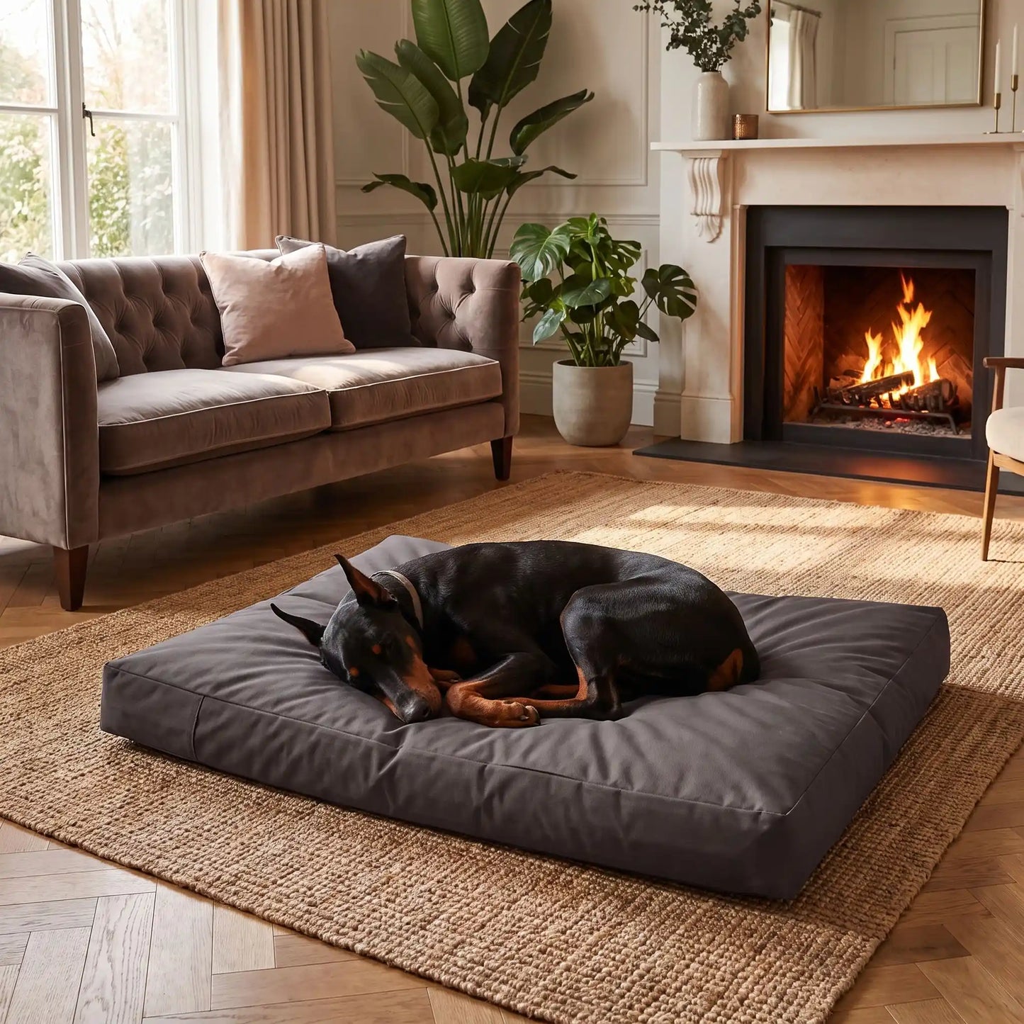 Housse-coussin-chien-100% imperméable-5-tailles S, M, L, XL et XXL-lavable en machine- anti-poils-antistatique-antibactérien-protection ultra-résistante en tissu Oxford 250 D résistant aux griffes et morsures de couleur marron-protection de couchage, coussin, lit, matelas, panier de forme rectangulaire-un chien de grande taille qui dort couché confortablement en boule sur la housse douce et hypoallergénique et hygiénique xl qui protège son matelas sur le sol du salon de l'appartement