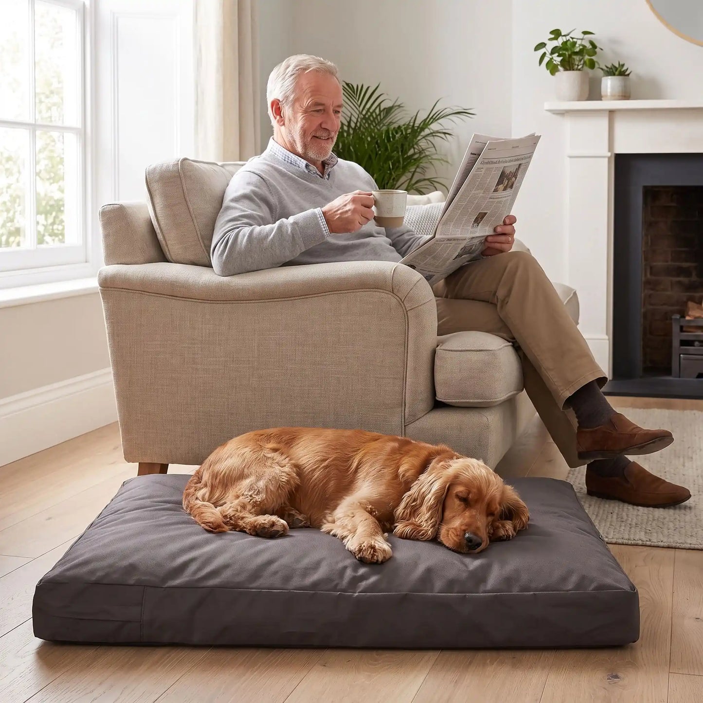 Housse-coussin-chien-100% imperméable-5-tailles S, M, L, XL et XXL-lavable en machine- anti-poils-antistatique-antibactérien-protection ultra-résistante en tissu Oxford 250 D résistant aux griffes et morsures de couleur marron-protection de couchage, coussin, lit, matelas, panier de forme rectangulaire-un chien de moyenne taille qui dort couché confortablement sur le flanc sur la housse douce et hypoallergénique et hygiénique xl qui protège son matelas au pied de son maitre assis dans son canapé 