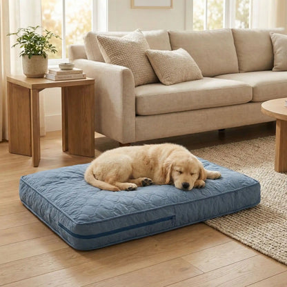 Housse-coussin-chien-matelasse-rectangulaire-imperméable-douce-et résistante-anti poils et saletés-coutures et fermetures éclair solide et discrète- lavable en machine-4 tailles disponibles M,L, XL et XXL pour lit , coussin pour chien de toutes tailles de petites à très grandes de 0 à 50 kg- un chiot qui dort sur la housse confortable et rembourrée en protection de son lit rectangulaire dans le salon de  l'appartement