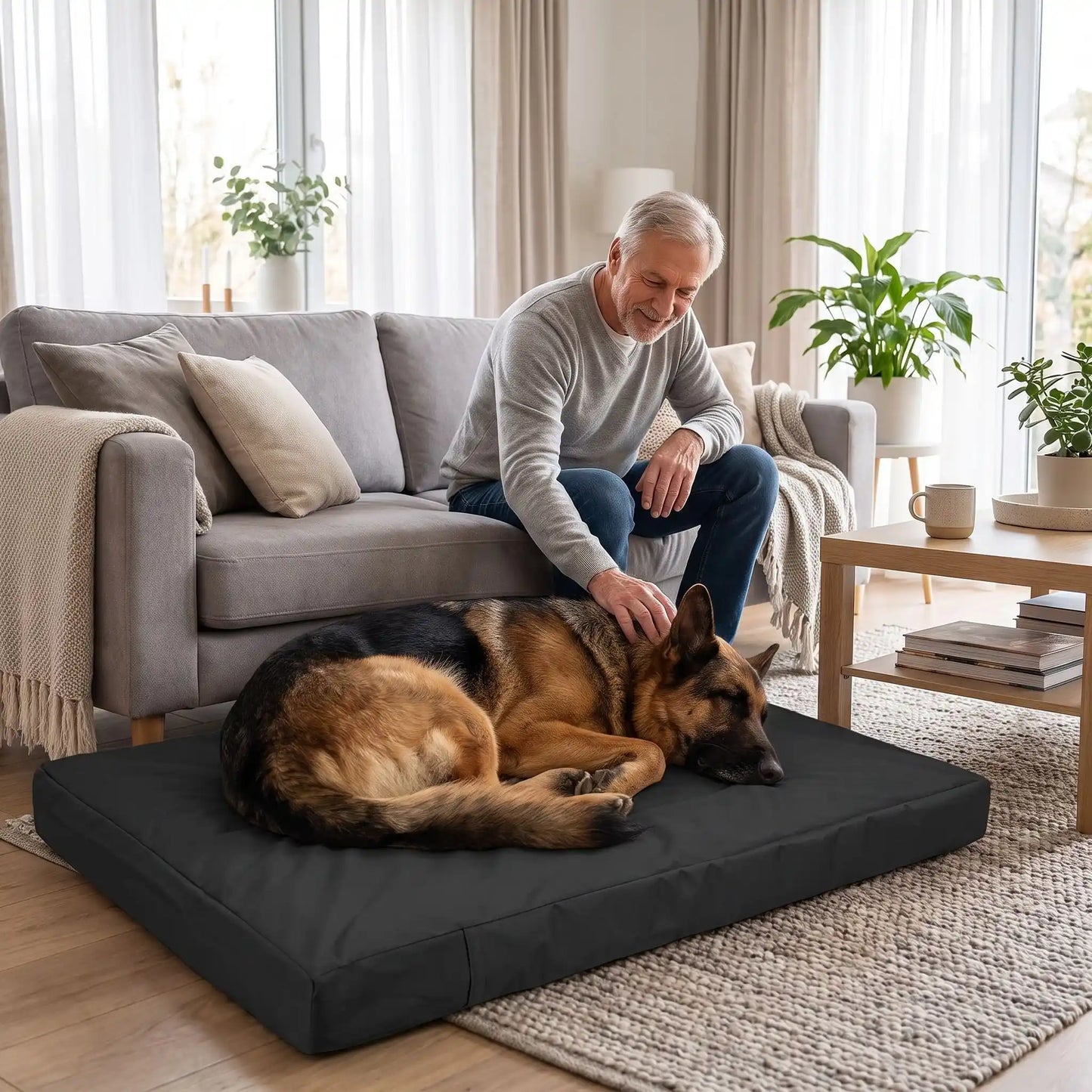 Housse-coussin-chien-100% imperméable-5-tailles S, M, L, XL et XXL-lavable en machine- anti-poils-antistatique-antibactérien-protection ultra-résistante en tissu Oxford 250 D résistant aux griffes et morsures de couleur noir-protection de couchage, coussin, lit, matelas, panier de forme rectangulaire-un grand chien couché confortablement sur la housse douce et hypoallergénique et hygiénique xxl qui protège son matelas, au pied de son maitre assis sur le canapé qui le caresse tendrement dans le salon 