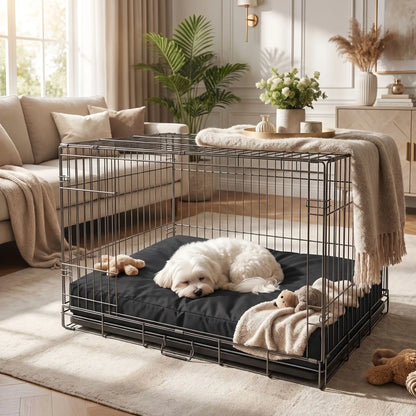 Housse-coussin-chien-100% imperméable-5-tailles S, M, L, XL et XXL-lavable en machine- anti-poils-antistatique-antibactérien-protection ultra-résistante en tissu Oxford 250 D résistant aux griffes et morsures de couleur noir-protection de couchage, coussin, lit, matelas, panier de forme rectangulaire-un chien de petite race couché confortablement sur la housse douce et hypoallergénique et hygiénique, taille S qui protège son matelas dans sa cage de transport en acier