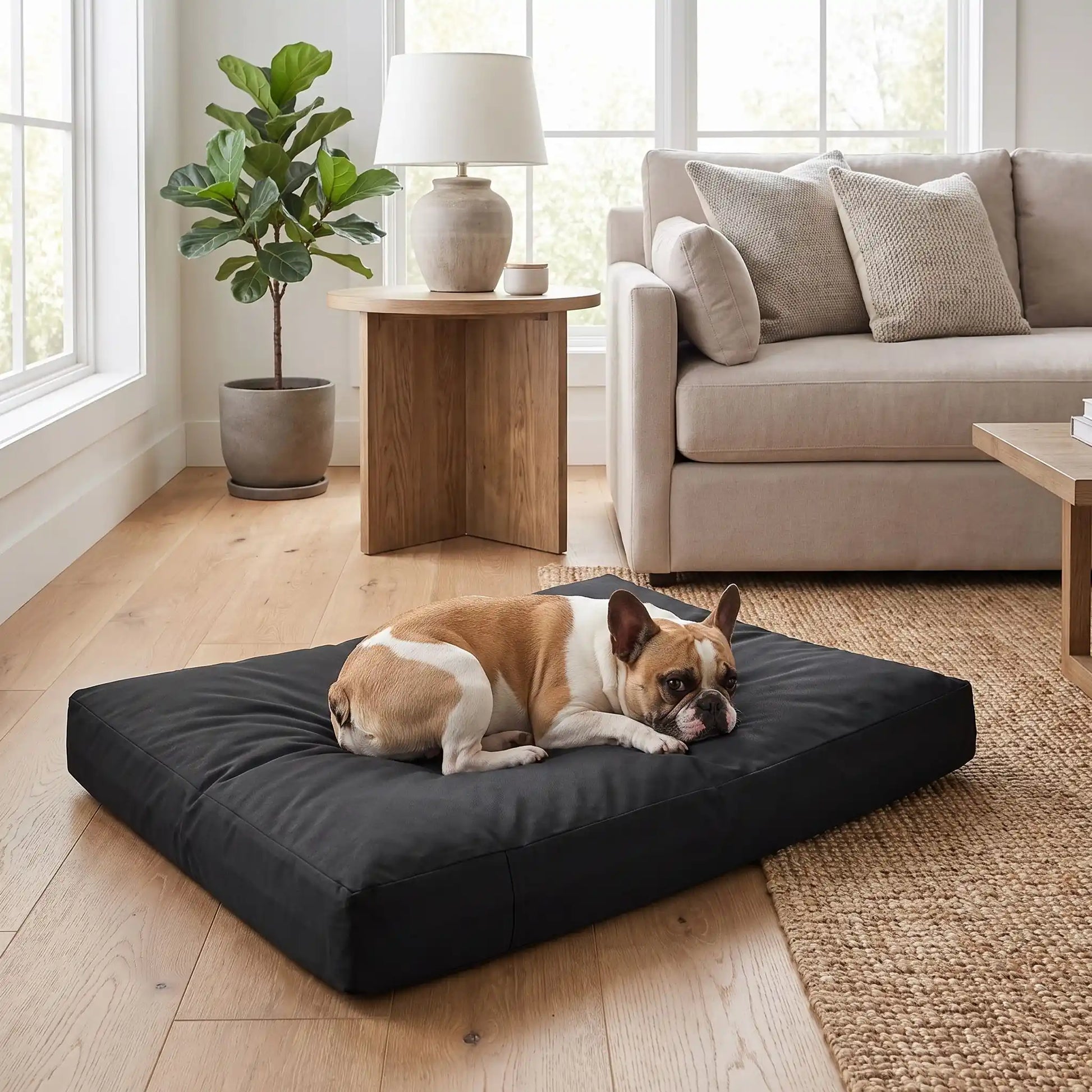 Housse-coussin-chien-100% imperméable-5-tailles S, M, L, XL et XXL-lavable en machine- anti-poils-antistatique-antibactérien-protection ultra-résistante en tissu Oxford 250 D résistant aux griffes et morsures de couleur noir-protection de couchage, coussin, lit, matelas, panier de forme rectangulaire-un chien de race moyenne couché confortablement sur la housse douce et hypoallergénique et hygiénique, taille M qui protège son matelas sur le sol en bois du salon de l'appartement