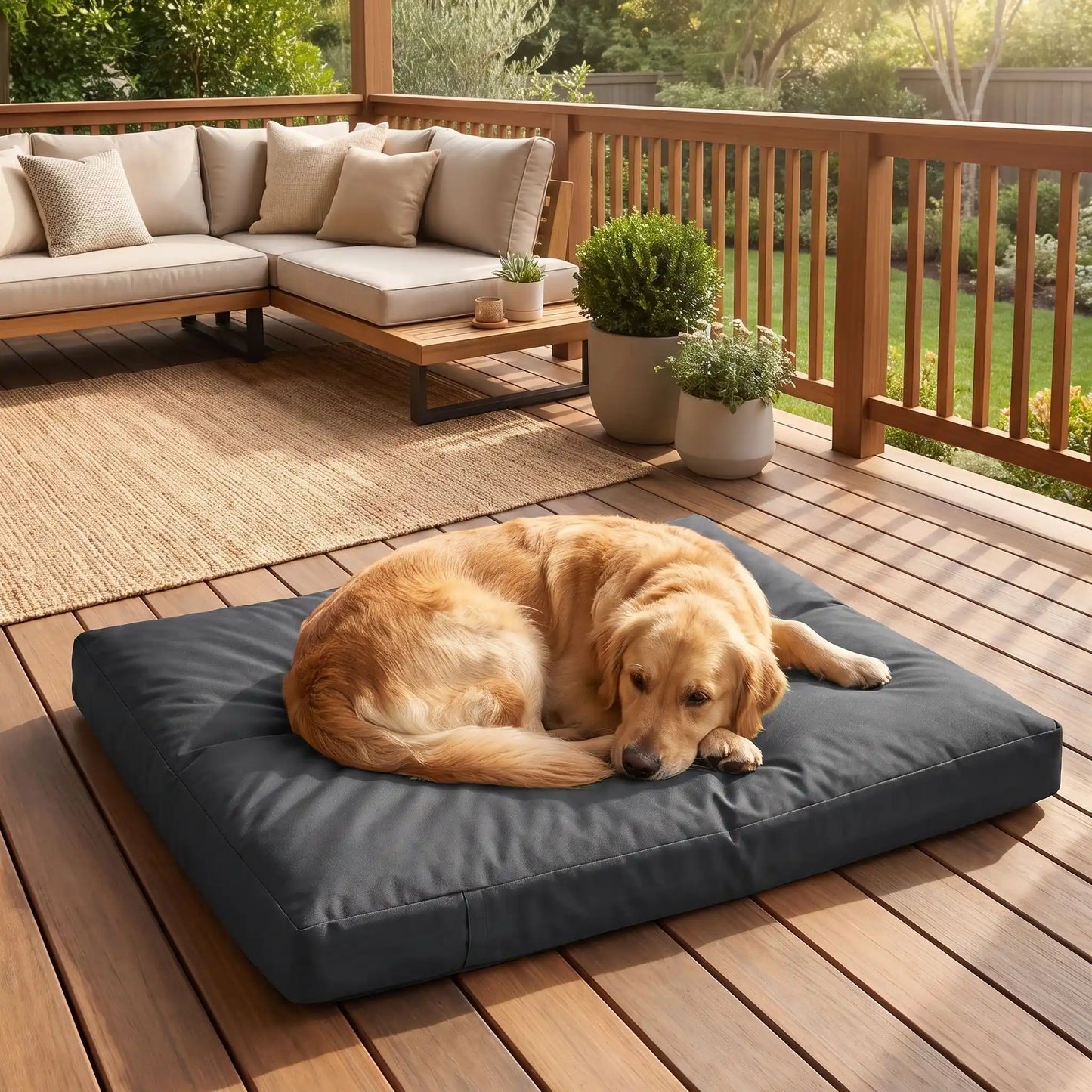 Housse-coussin-chien-100% imperméable-5-tailles S, M, L, XL et XXL-lavable en machine- anti-poils-antistatique-antibactérien-protection ultra-résistante en tissu Oxford 250 D résistant aux griffes et morsures de couleur noir-protection de couchage, coussin, lit, matelas, panier de forme rectangulaire-un chien de grande race couché confortablement sur la housse douce et hypoallergénique et hygiénique xl qui protège son matelas sur le sol du balcon de l'appartement, pour une utilisation intérieur et extérieur