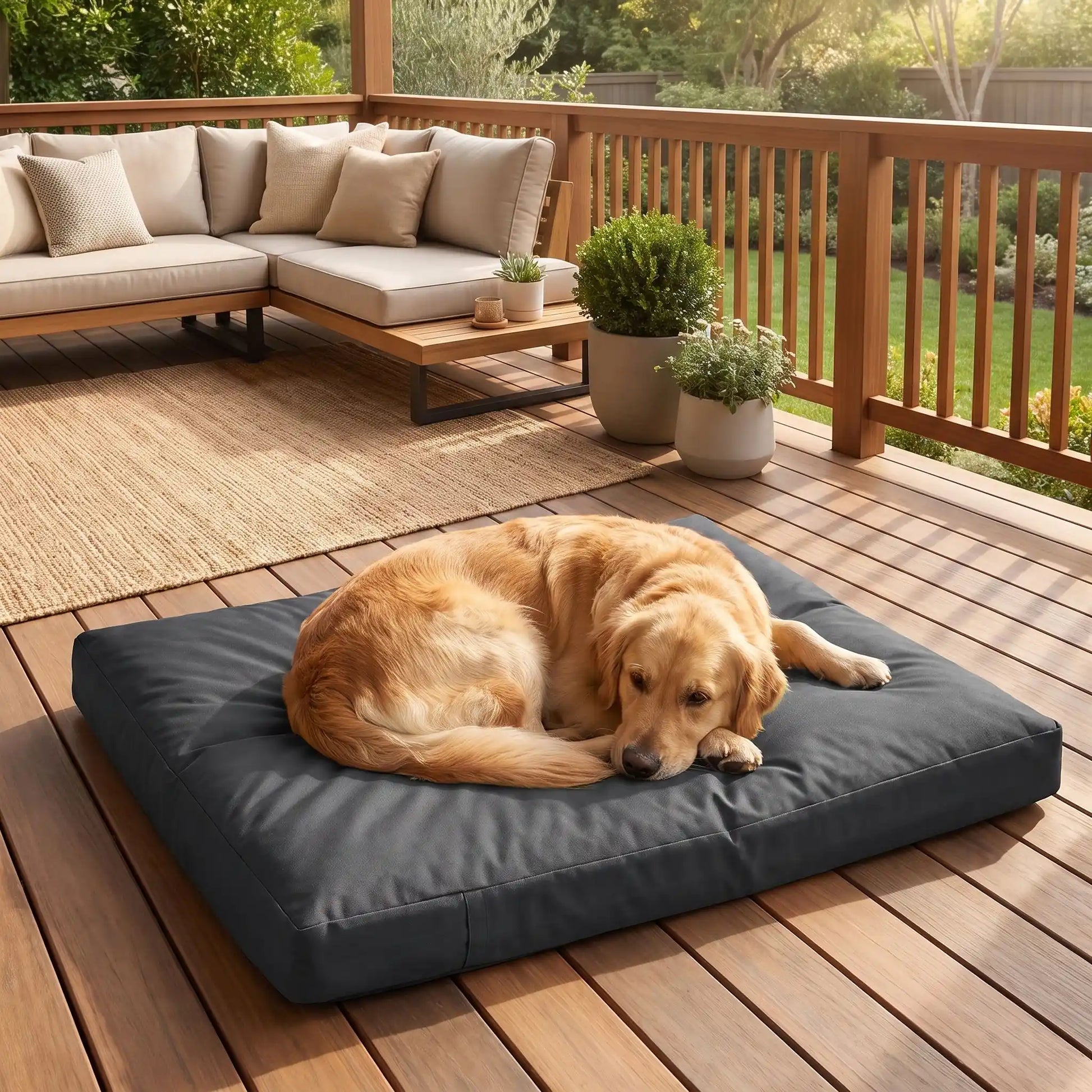 Housse-coussin-chien-100% imperméable-5-tailles S, M, L, XL et XXL-lavable en machine- anti-poils-antistatique-antibactérien-protection ultra-résistante en tissu Oxford 250 D résistant aux griffes et morsures de couleur noir-protection de couchage, coussin, lit, matelas, panier de forme rectangulaire-un chien de grande race couché confortablement sur la housse douce et hypoallergénique et hygiénique xl qui protège son matelas sur le sol du balcon de l'appartement, pour une utilisation intérieur et extérieur