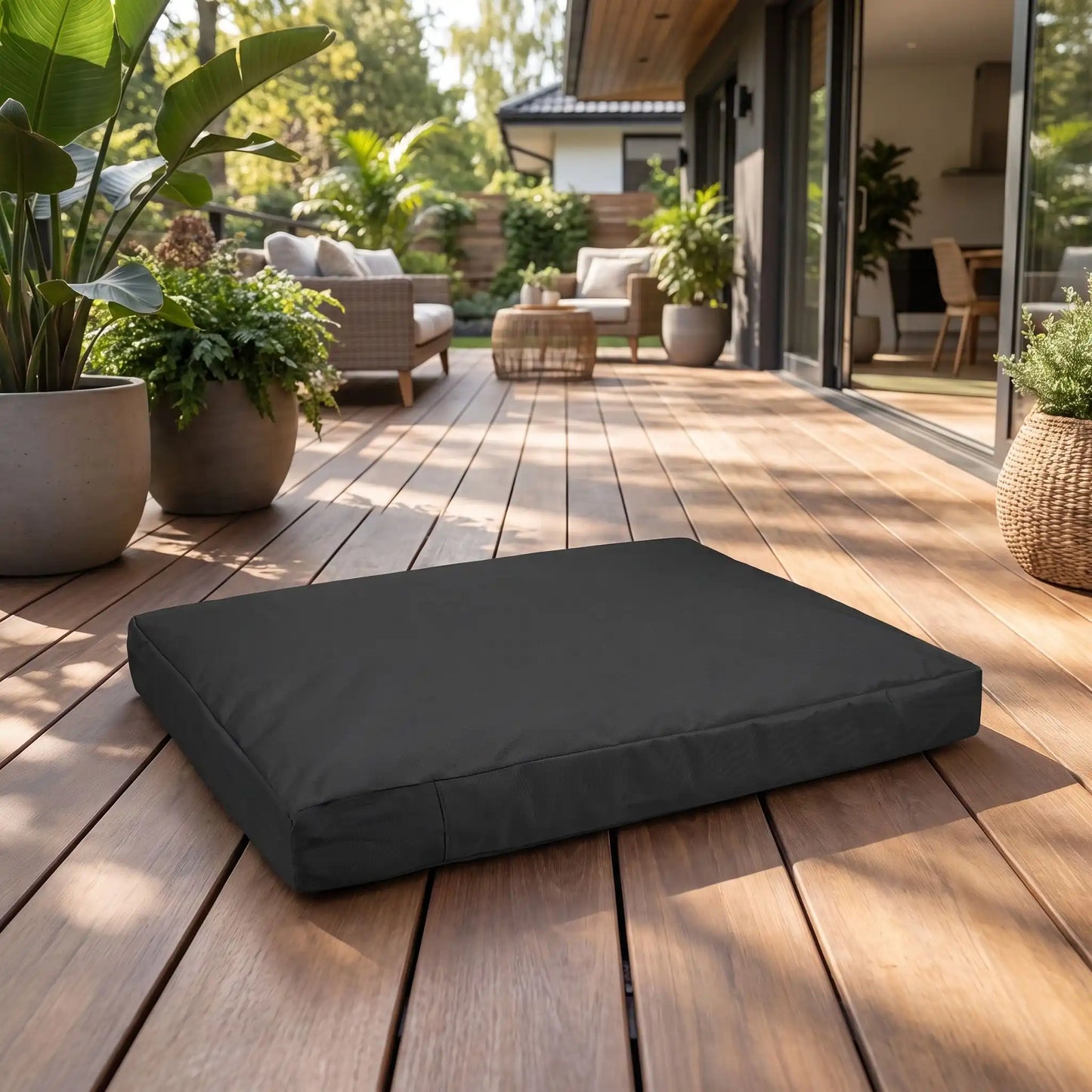 Housse-coussin-chien-100% imperméable-5-tailles S, M, L, XL et XXL-lavable en machine ou à l'éponge- anti-poils-antistatique-antibactérien-protection ultra-résistante en tissu Oxford 250 D résistant aux griffes et morsures de couleur noir-protection de couchage, coussin, lit, matelas, panier de forme rectangulaire-gros plan sur la housse douce et hypoallergénique et hygiénique noir qui protège la literie du chiot ou chien en 5 tailles S, M, L, XL et XXL pour toute tailles de chien sur la terrasse du jardin 