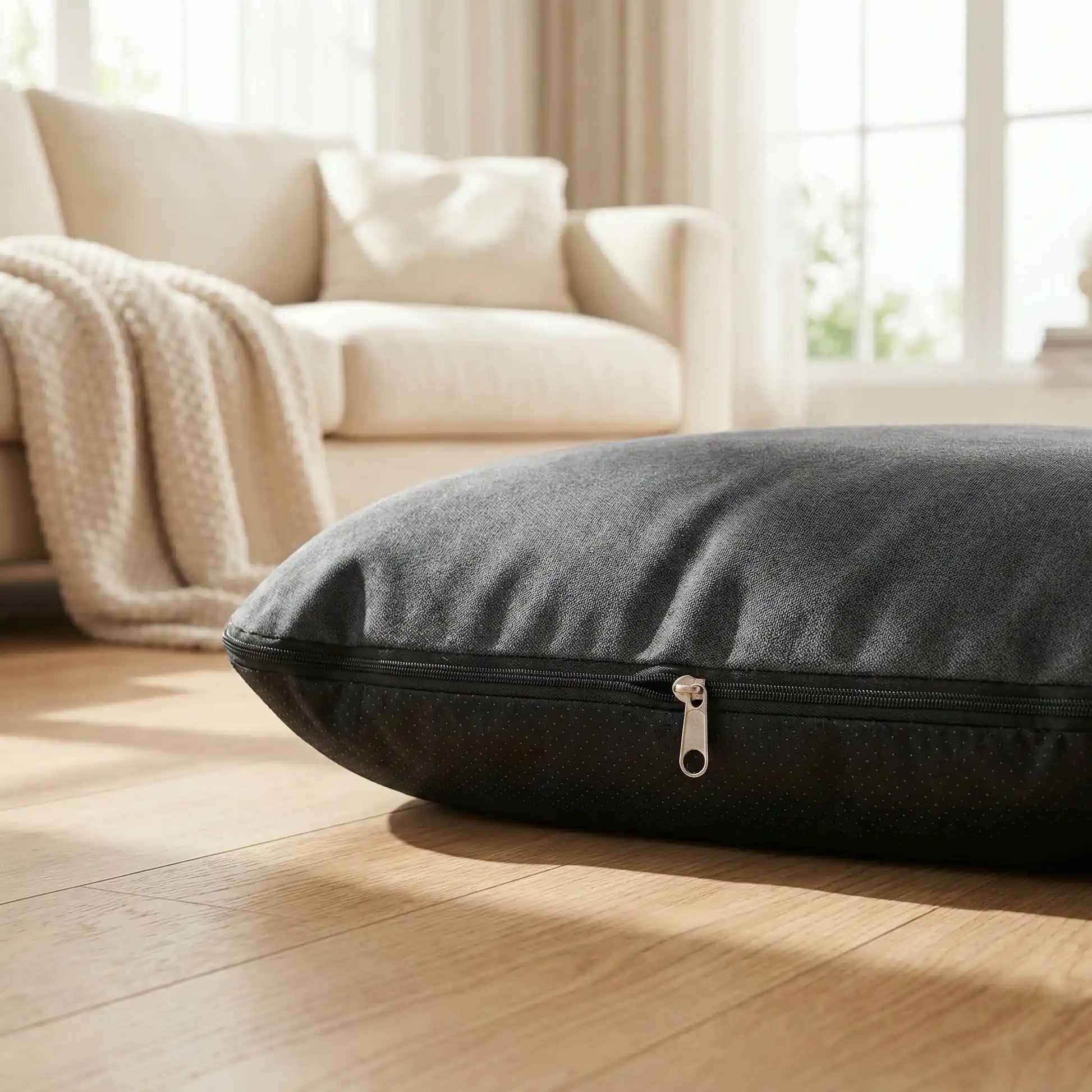 Housse-de-coussin-chien-anti poils et résistante aux griffes antidérapant-imperméable en velours de couleur gris et vert compatible avec notre coussin penardToutou pour une housse de rechange, lavable en machine